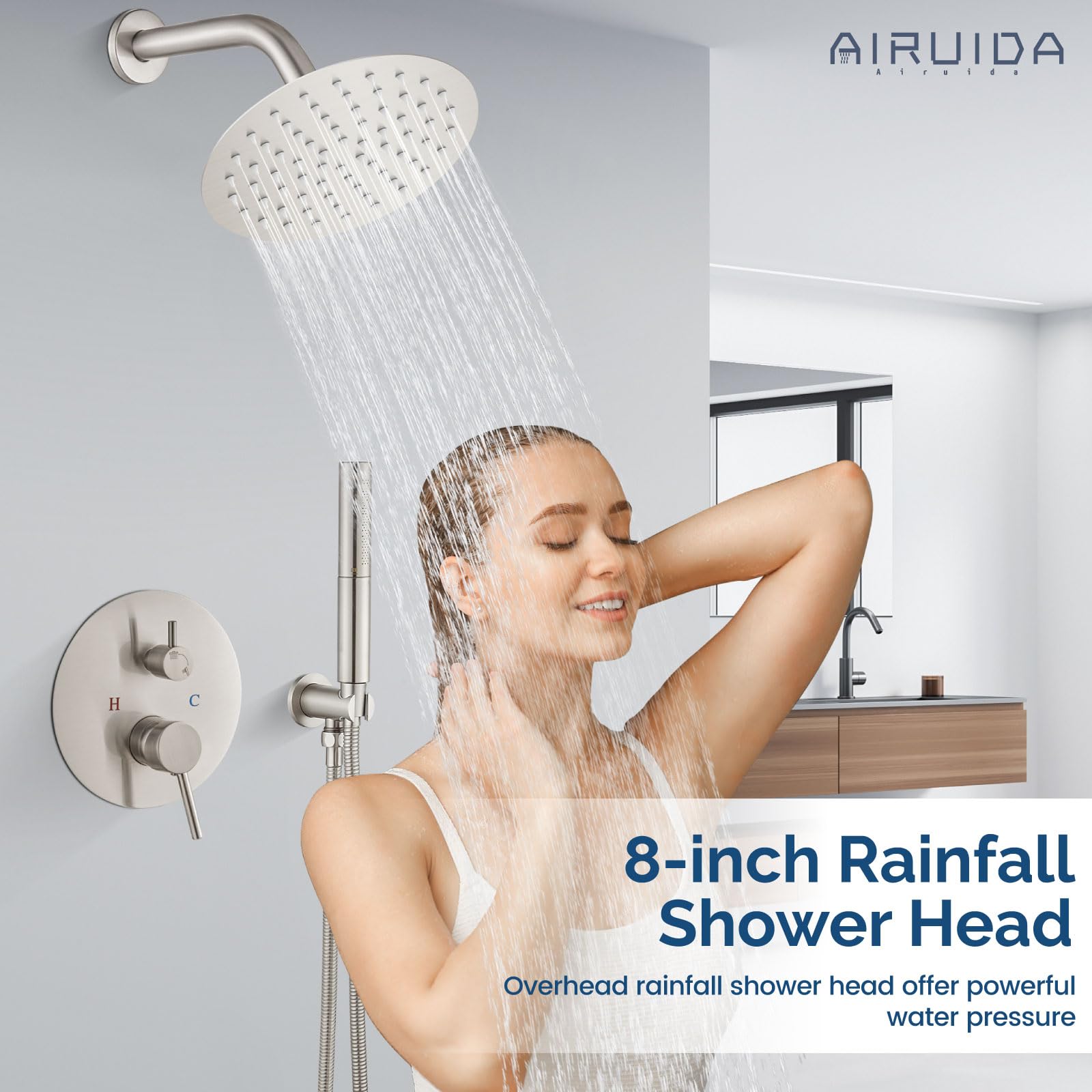 Airuida 2-Function Wall Mount Shower System - High Pressure Brass Handheld Shower with 8 Inch Rainfall Shower Head & Rough-in Valve in Brushed Nickel Finish | Perfect for Bathroom Renovation & Spa-Like Shower Experience