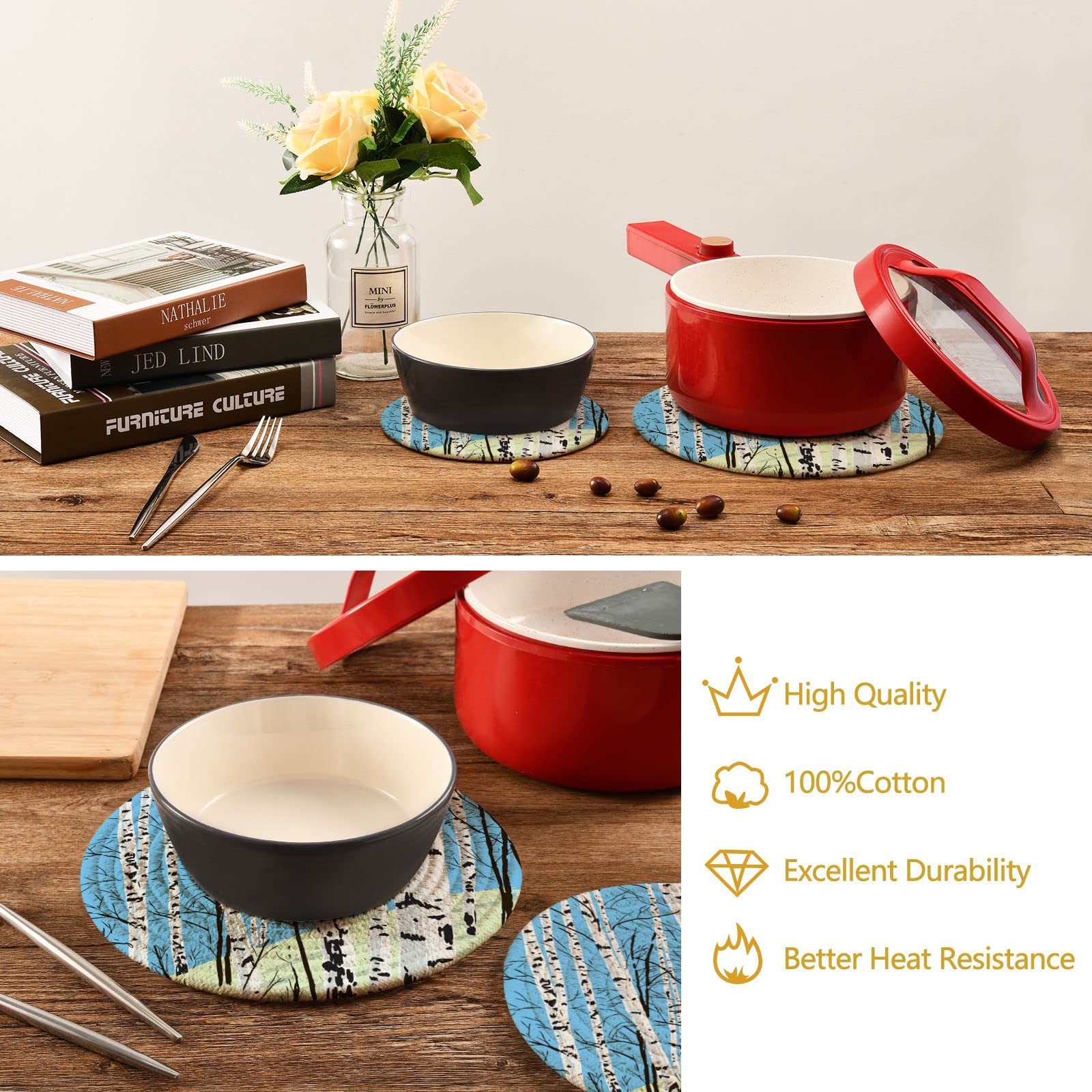 Birch Grove Spring Cotton Pot Holders Set of 2 - Heat Resistant Woven Coasters & Kitchen Hot Pads for Cooking, Baking & Serving - Perfect for Stovetop, Oven & Table Protection