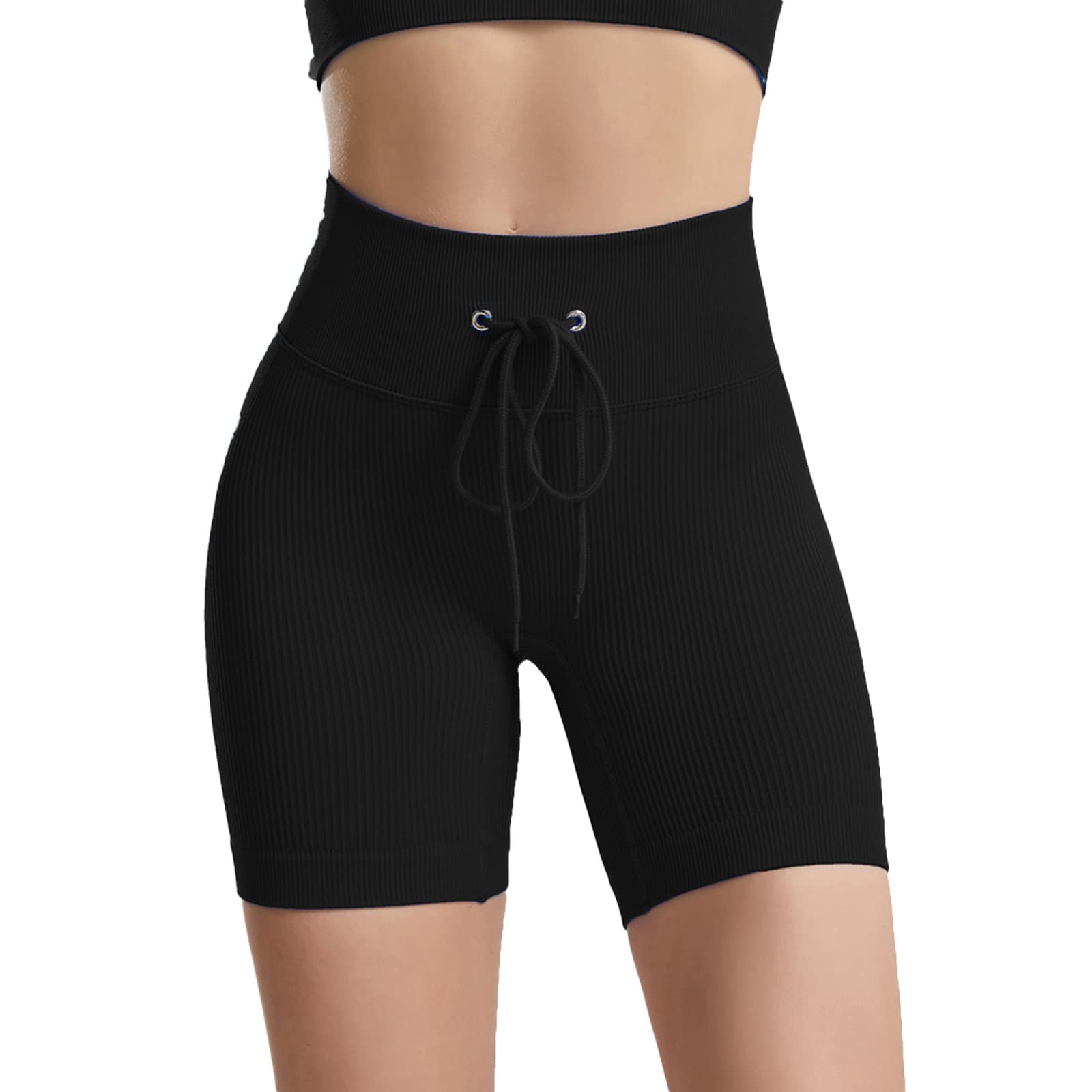 SHIBAOZI Women's High Waisted Ribbed Seamless Workout Shorts with Drawstring - Athletic Gym Yoga Leggings for Running, Training & Casual Wear