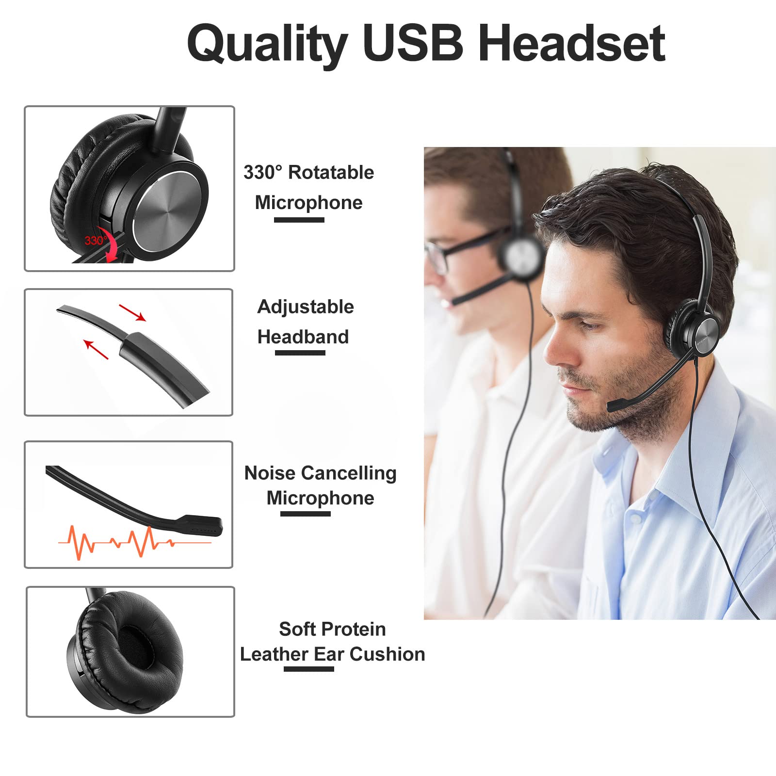 USB Wired Headphones with Noise Cancelling Microphone for Laptop, PC, Call Center & Office - Compatible with Dragon Dictation, Zoom, Teams, Google Meet, Skype - Perfect for Remote Work, Online Meetings & Customer Service