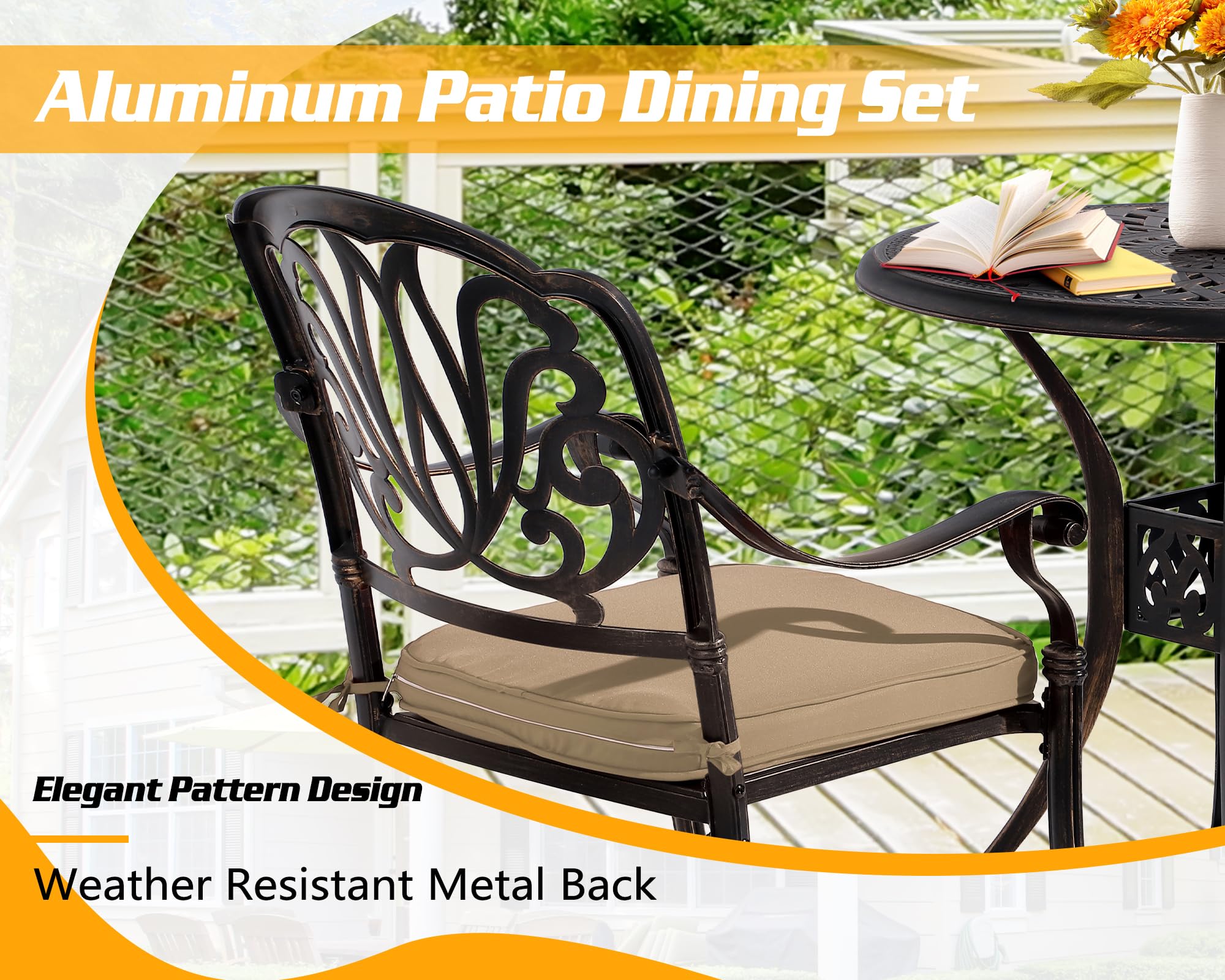 TITIMO 3-Piece Cast Aluminum Patio Dining Set - Outdoor Bistro Table & Chairs with Cushions, All-Weather Garden Furniture with Umbrella Hole for Backyard, Deck, Poolside (Khaki) - Perfect for Outdoor Entertaining & Relaxation