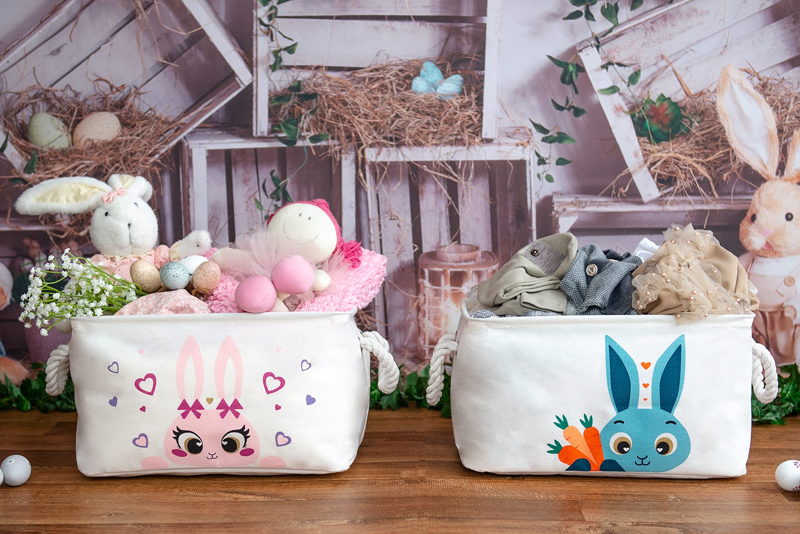 Kazulo Pink Bunny Easter Basket - Rectangle Rabbit Easter Basket for Kids, Boys & Girls - Perfect for Easter Egg Hunts, Party Favors, and Spring Decorations