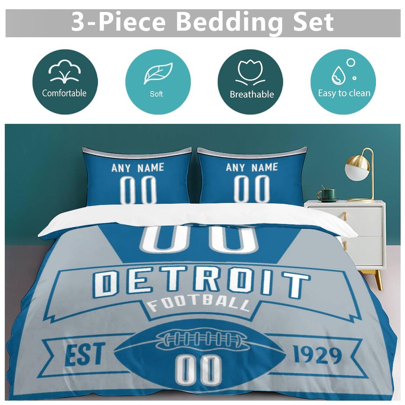 Custom Football Comforter Set - 3 Piece Bedding with Comforter Cover & 2 Pillowcases | Personalized Name & Number | Soft Lightweight Quilt for Sports Fans | Perfect for Game Day Decor & Football Themed Bedrooms