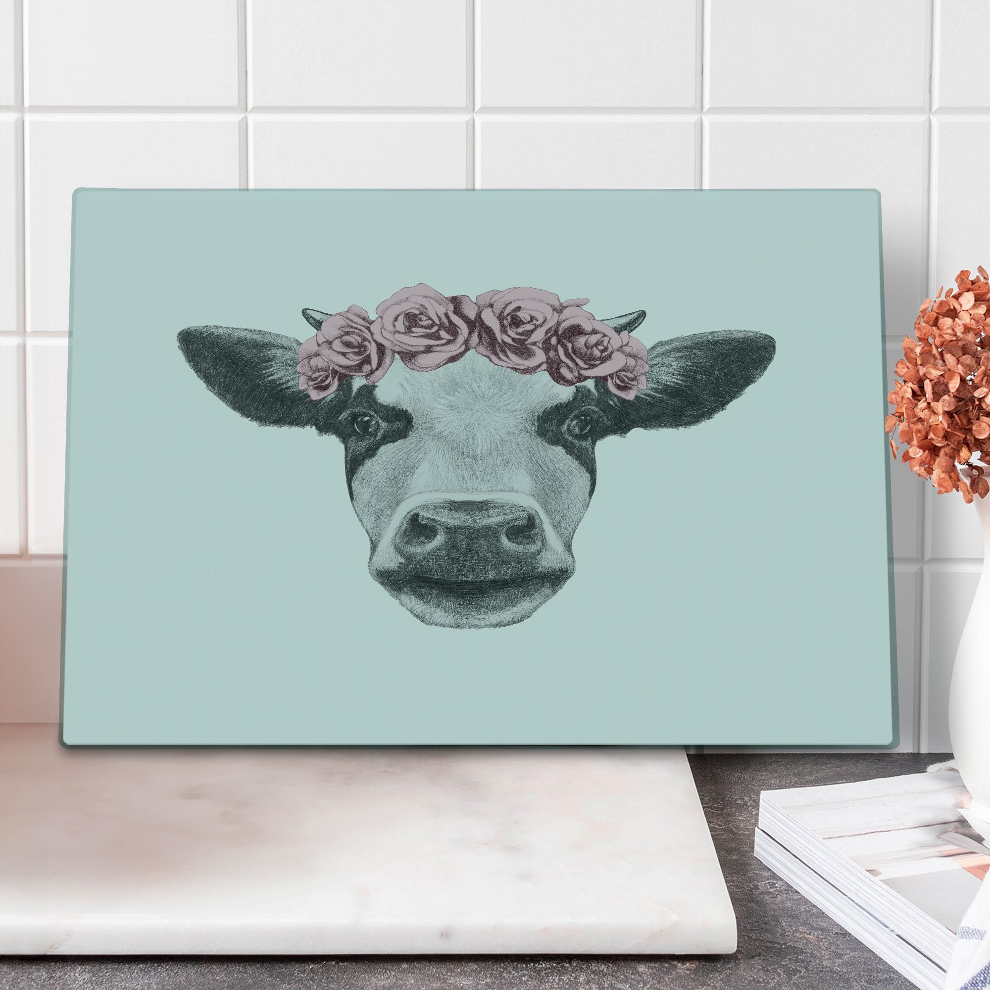 Ambesonne Farm Animal Cutting Board - Sketchy Cow with Roses Wreath Design, Large Tempered Glass Cutting & Serving Board for Kitchen, Dark Grey & Pale Rose Colors - Perfect for Cheese Platters, Charcuterie Boards & Home Decor