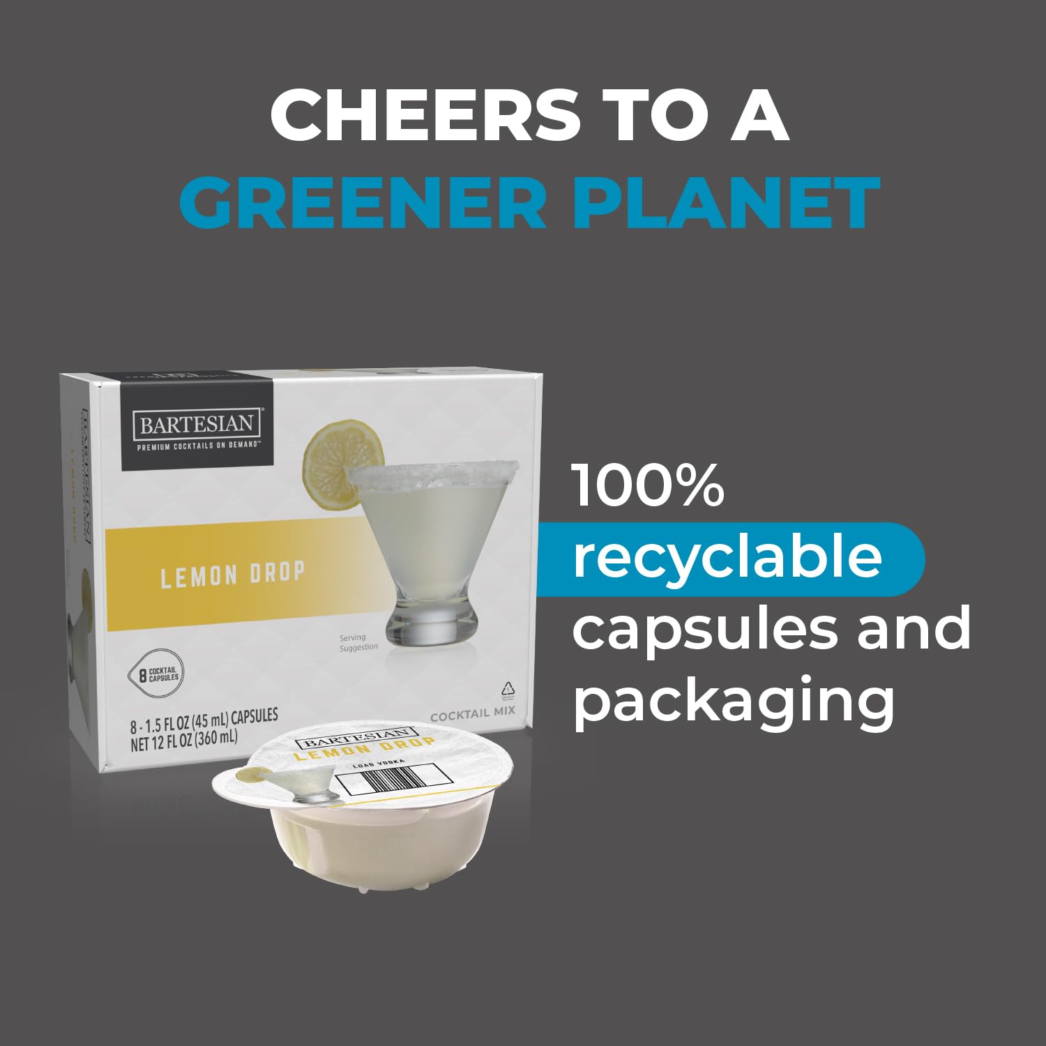 Bartesian Lemon Drop Cocktail Mixer Capsules - Pack of 8 Premium Cocktail Pods for Bartesian Machine (55446) | Perfect for Home Bars, Parties & Entertaining Guests