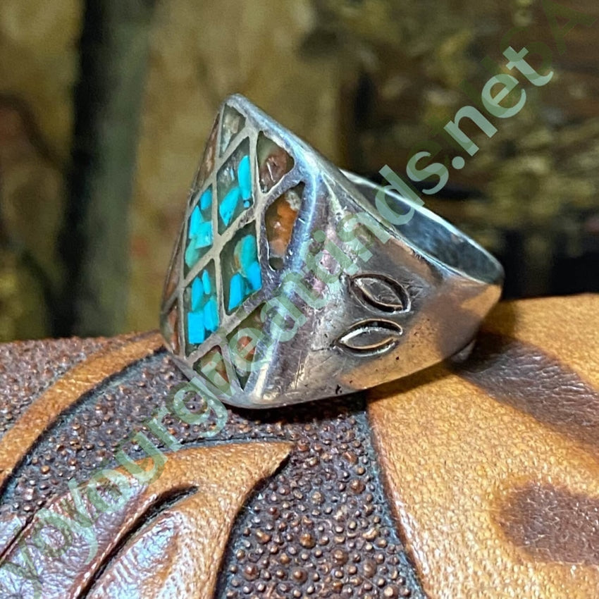 Authentic Southwest Style 925 Sterling Silver Ring with Turquoise Chip Mosaic - Size 9.5 - Handmade Native American Jewelry for Women - Perfect for Boho Fashion, Western Wear & Special Occasions
