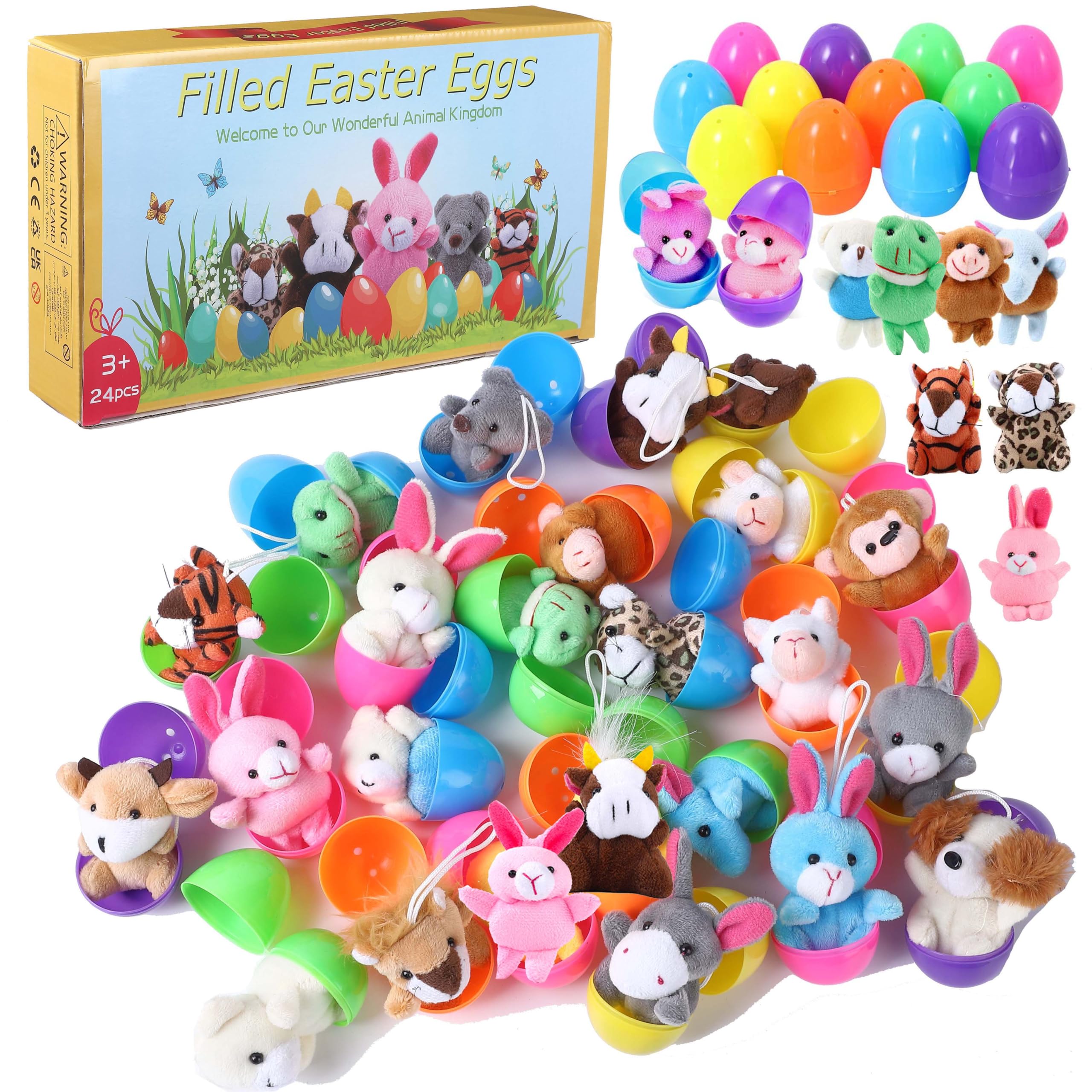 24 Pack Easter Eggs with Mini Plush Animals - Stuffed Toys for Kids, Easter Basket Stuffers & Fillers, Easter Egg Hunt Prizes, Party Favors - Perfect for Easter Celebrations, Classroom Rewards & Birthday Party Gifts
