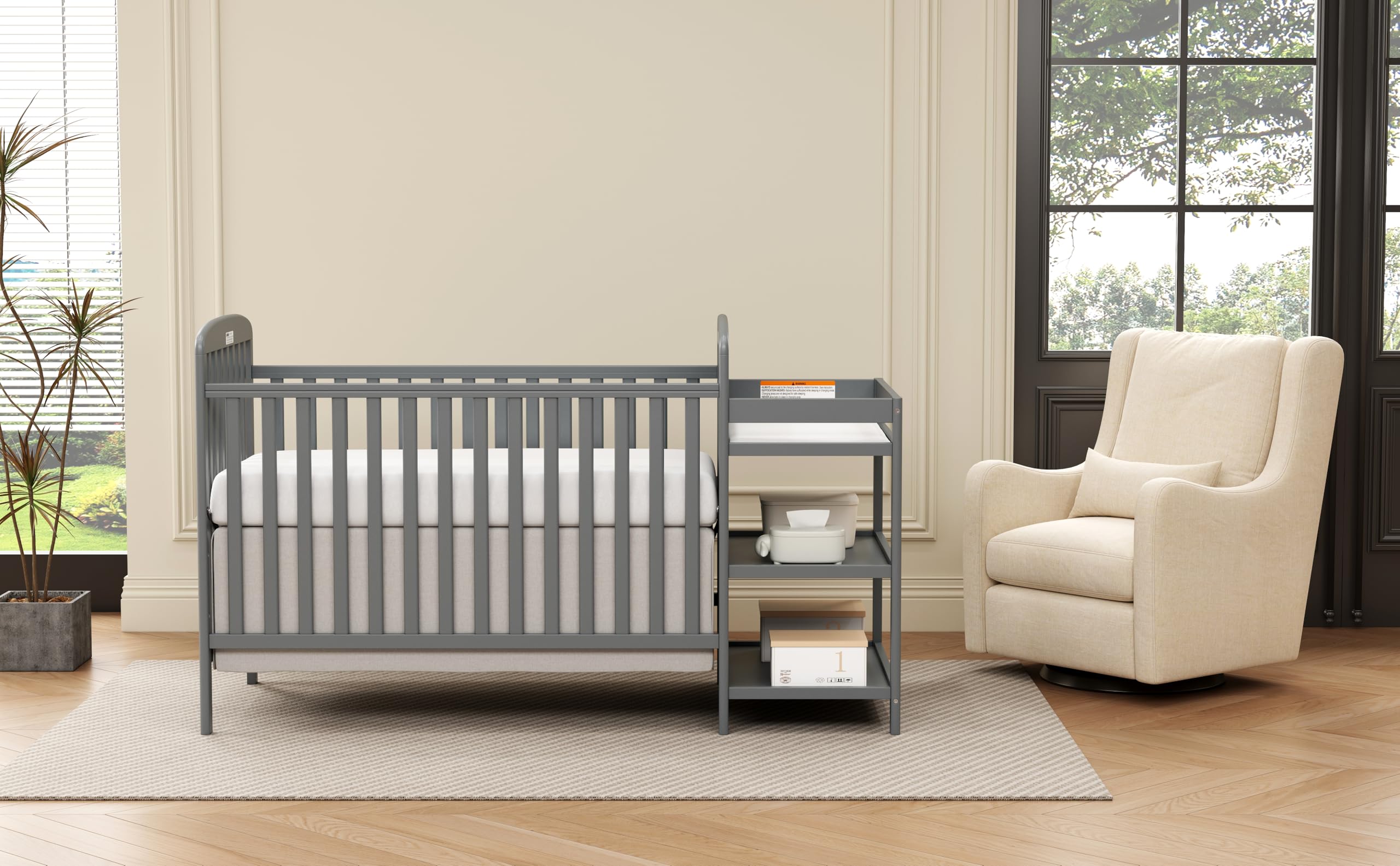 3-in-1 Convertible Baby Crib with Changing Table - Full Size Wooden Crib Converts to Toddler Bed & Daybed - Nursery Furniture with Storage Space, 3 Adjustable Mattress Heights, Non-Toxic Finish (Storm Grey) - Perfect for Small Nursery Rooms & Growing Toddlers