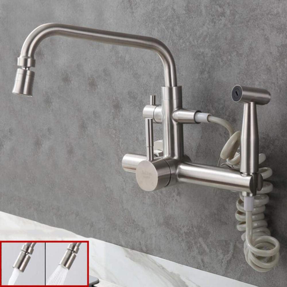 Stainless Steel Brushed Wall Mount Kitchen Sink Faucet with Pull Down Sprayer - 2 Mode Rotatable Hot and Cold Water Mixer Tap for Modern Home Kitchen Renovation & Dishwashing