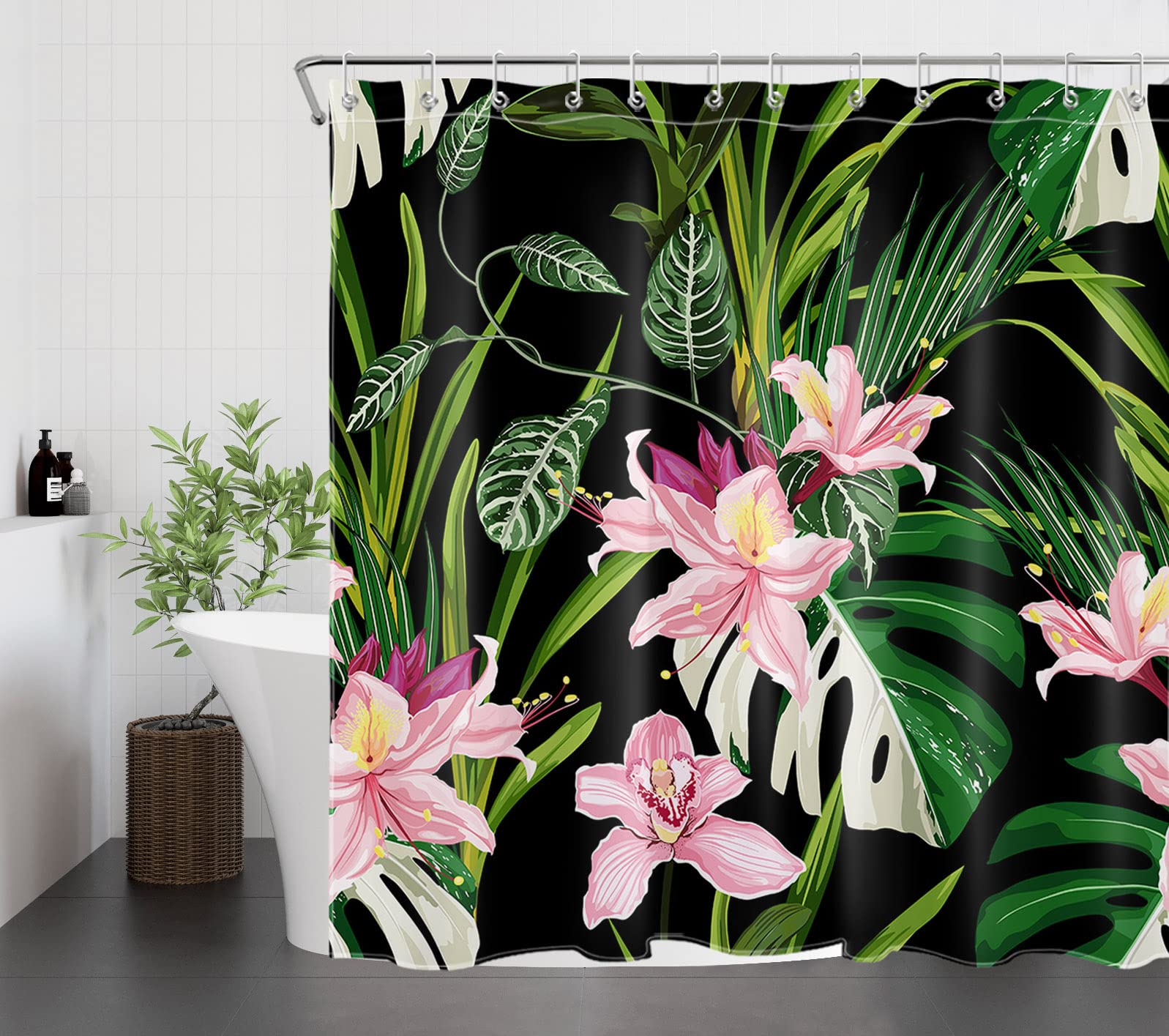 LB Dark Green Palm Leaf Shower Curtain with Pink Tropical Flowers - Waterproof Washable Fabric Bathroom Decor (72x78 inches) - Perfect for Tropical, Boho & Jungle Theme Bathrooms
