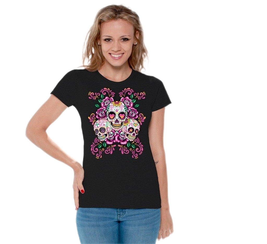 Awkwardstyles Women's Sugar Floral Skulls Graphic T-Shirt - Gothic Skeleton Print Tee with Free Bookmark - Perfect for Halloween, Concerts & Alternative Fashion