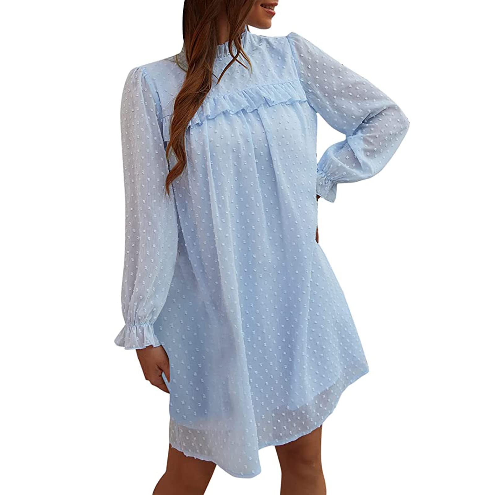Women's Long Sleeve Mini Dress - Elegant Round Neck Casual Dot Print Shirt Dress - Perfect for Office, Date Night & Fall Outfits