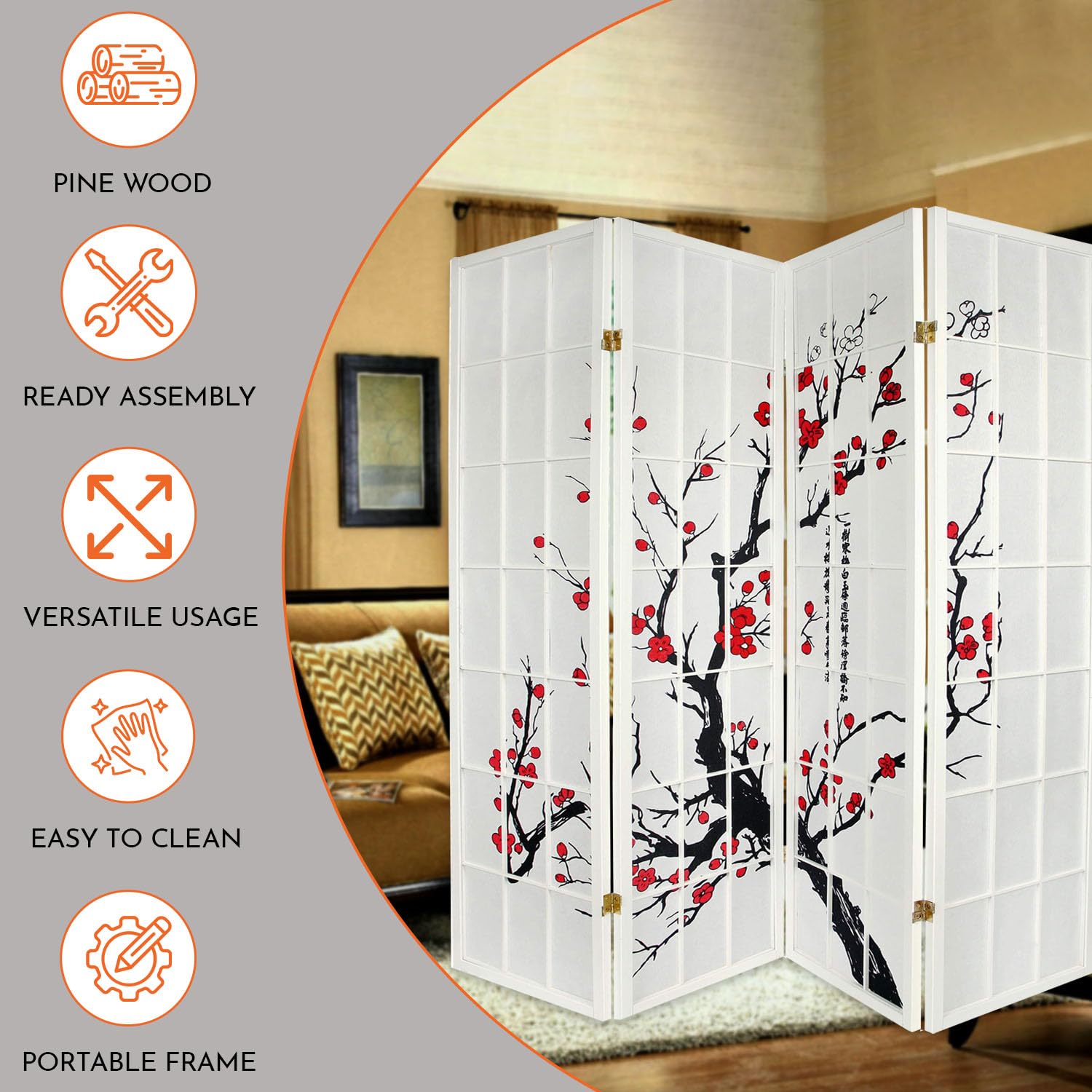 Legacy Decor 4-Panel Blossom Screen - Portable Foldable Shoji Style Room Divider with Plum Blossom Design - Freestanding Privacy Screen for Home Office & Studio - White Temporary Wall Partition - Perfect for Creating Private Spaces, Room Separation & Decoration