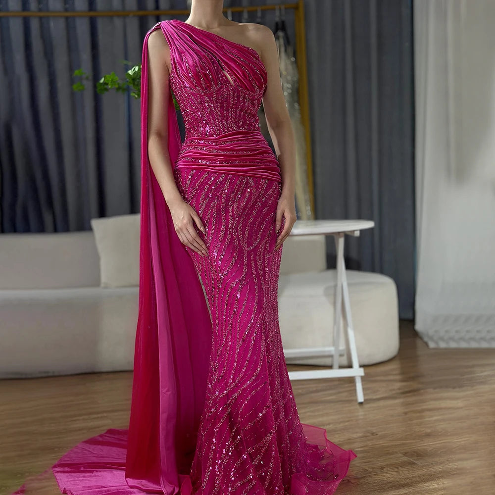 Serene Hill Blue Mermaid One Shoulder Elegant Cape Sleeve Beaded Luxury Evening Dress for Women - Perfect for Prom, Gala & Formal Parties 2025