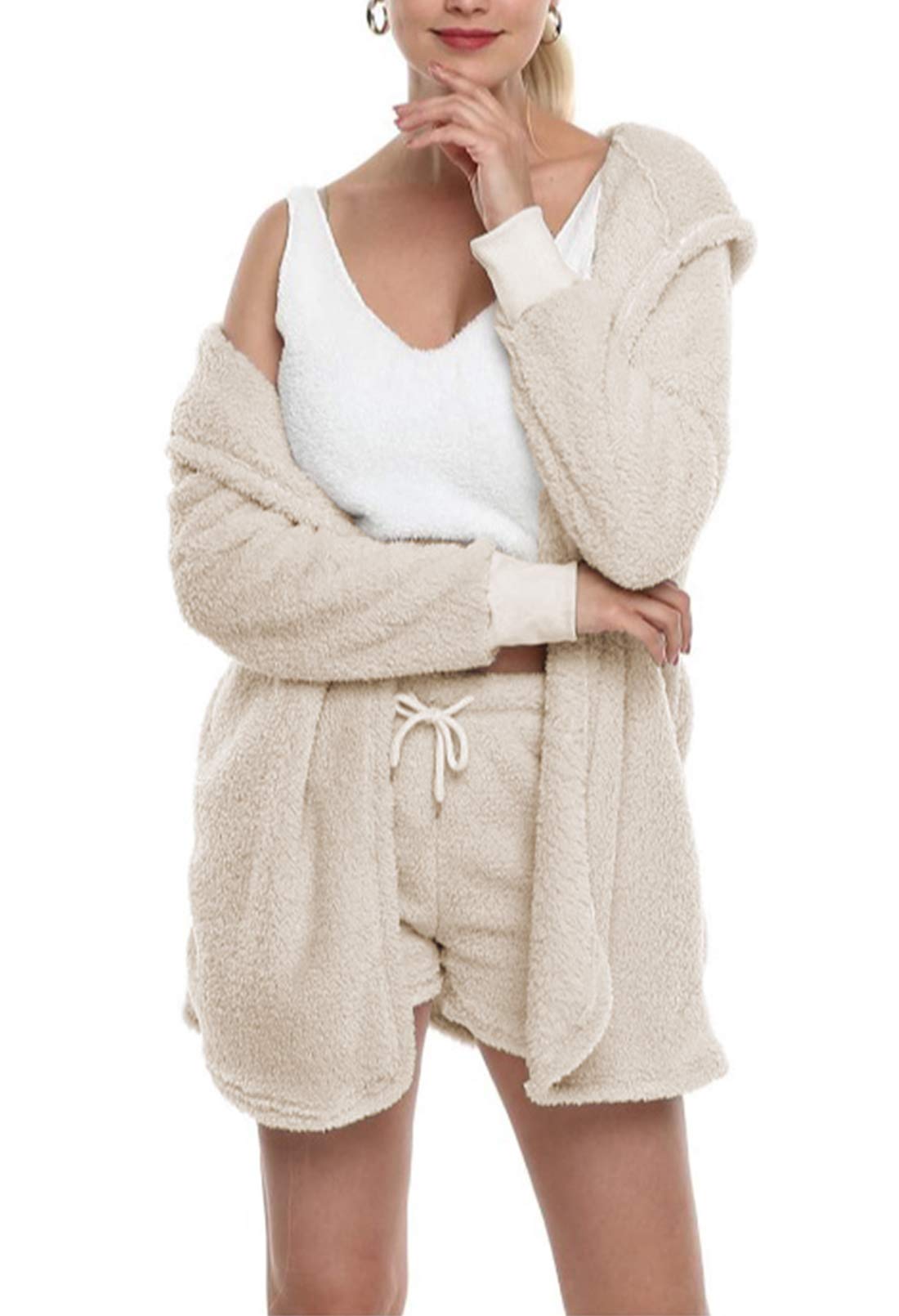 Women's Fuzzy Sherpa 3-Piece Pajama Set - Cozy Jacket, Strap Crop Top & Shorts - Soft Winter Loungewear for Sleepwear, Home Relaxation & Casual Outfits