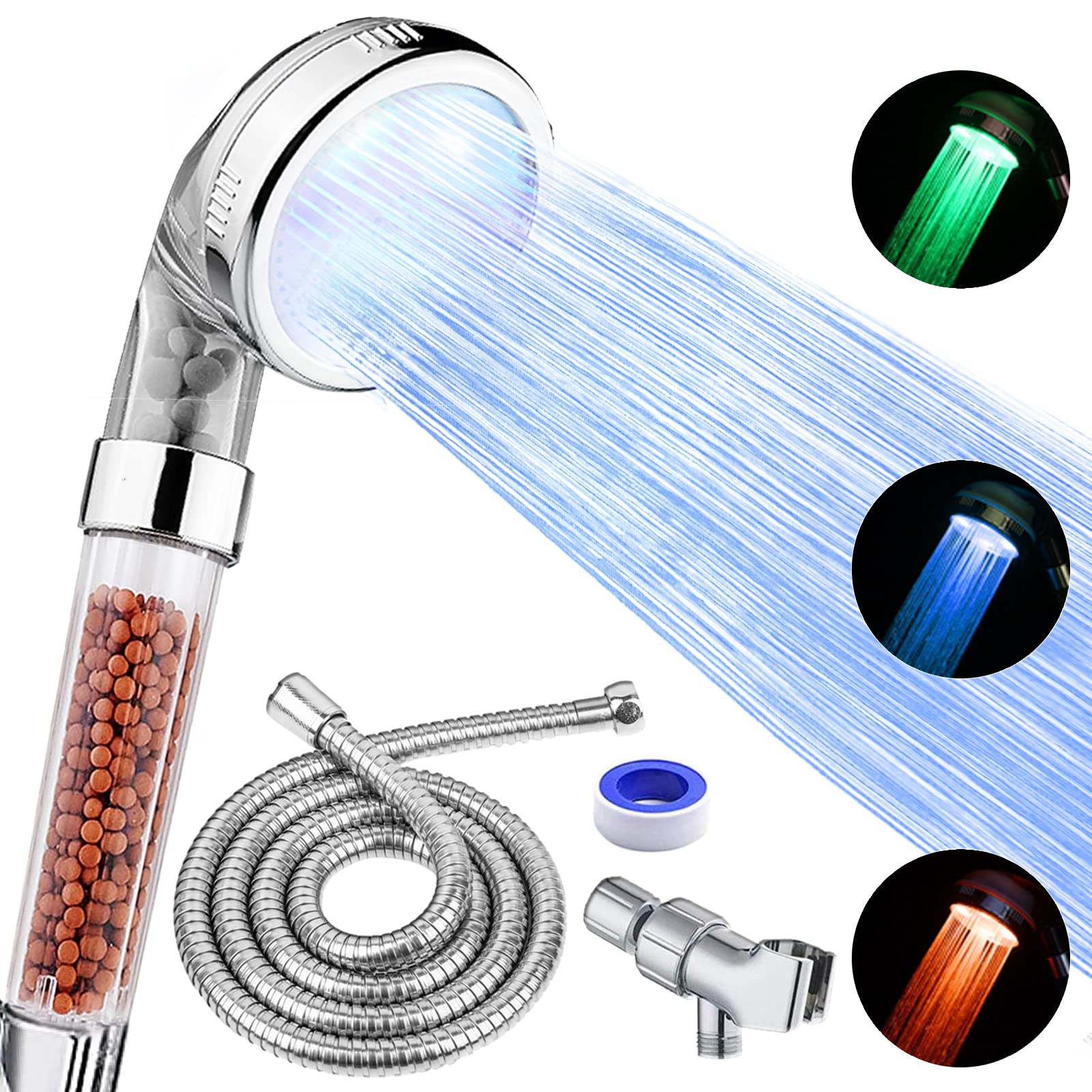 LED Shower Head with Handheld - High Pressure Shower Head with Hose & Holder - 3 Temperature Settings & Water Saving Filter - Ideal for Dry Hair & Skin Care - Perfect for Bathroom, Spa & Home Relaxation