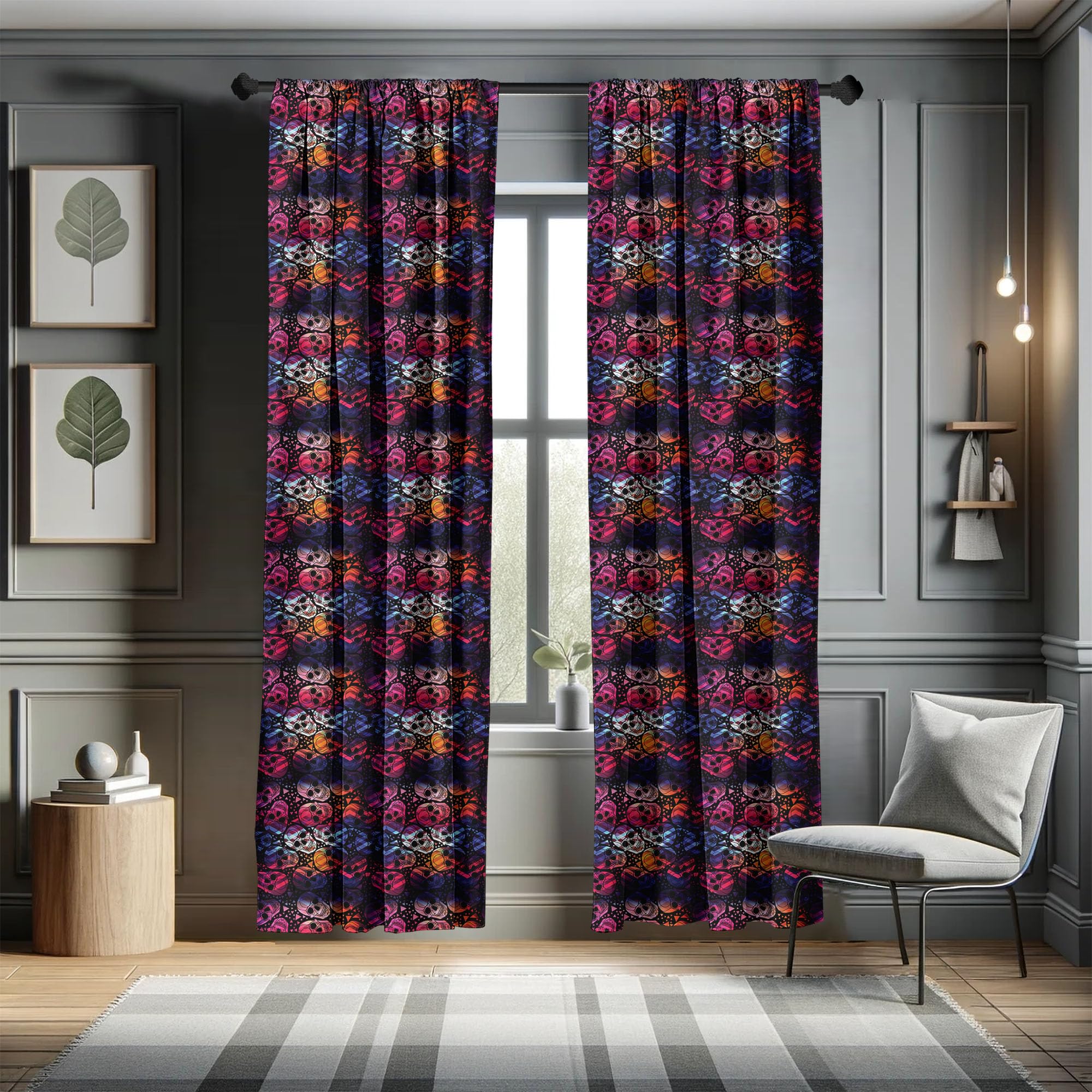 Ambesonne Halloween Window Curtains - Mexican Sugar Skulls Geometric Print, Lightweight Polyester Decor for Dia de los Muertos, 2-Panel Set with Rod Pocket (28