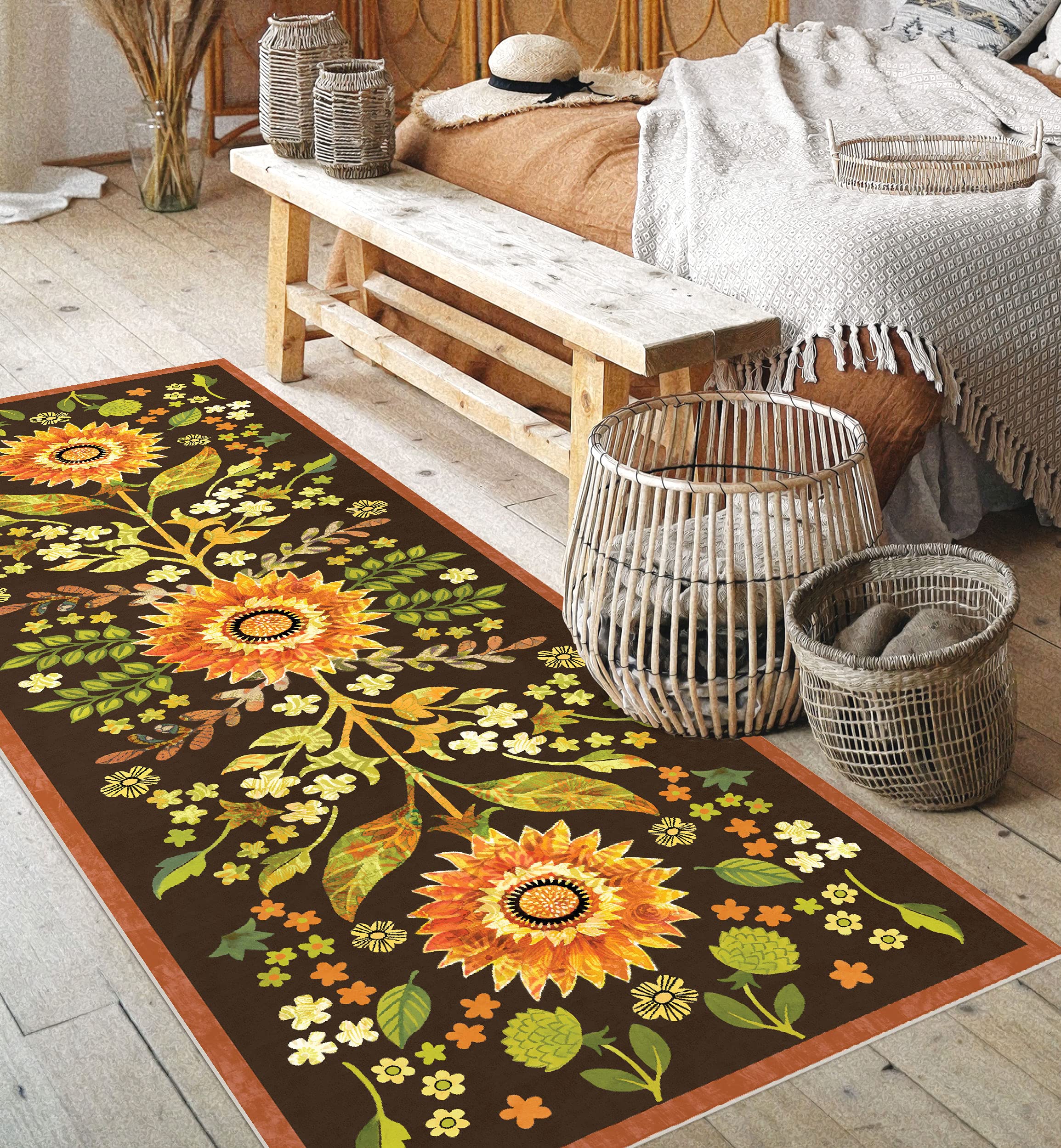 Indian Summer Floral Bird Vinyl Floor Mat 2.5 x 7 Feet - Waterproof, Stain Resistant & Durable Indoor Rug - Perfect for Entryway, Kitchen, Living Room & Home Decor Protection