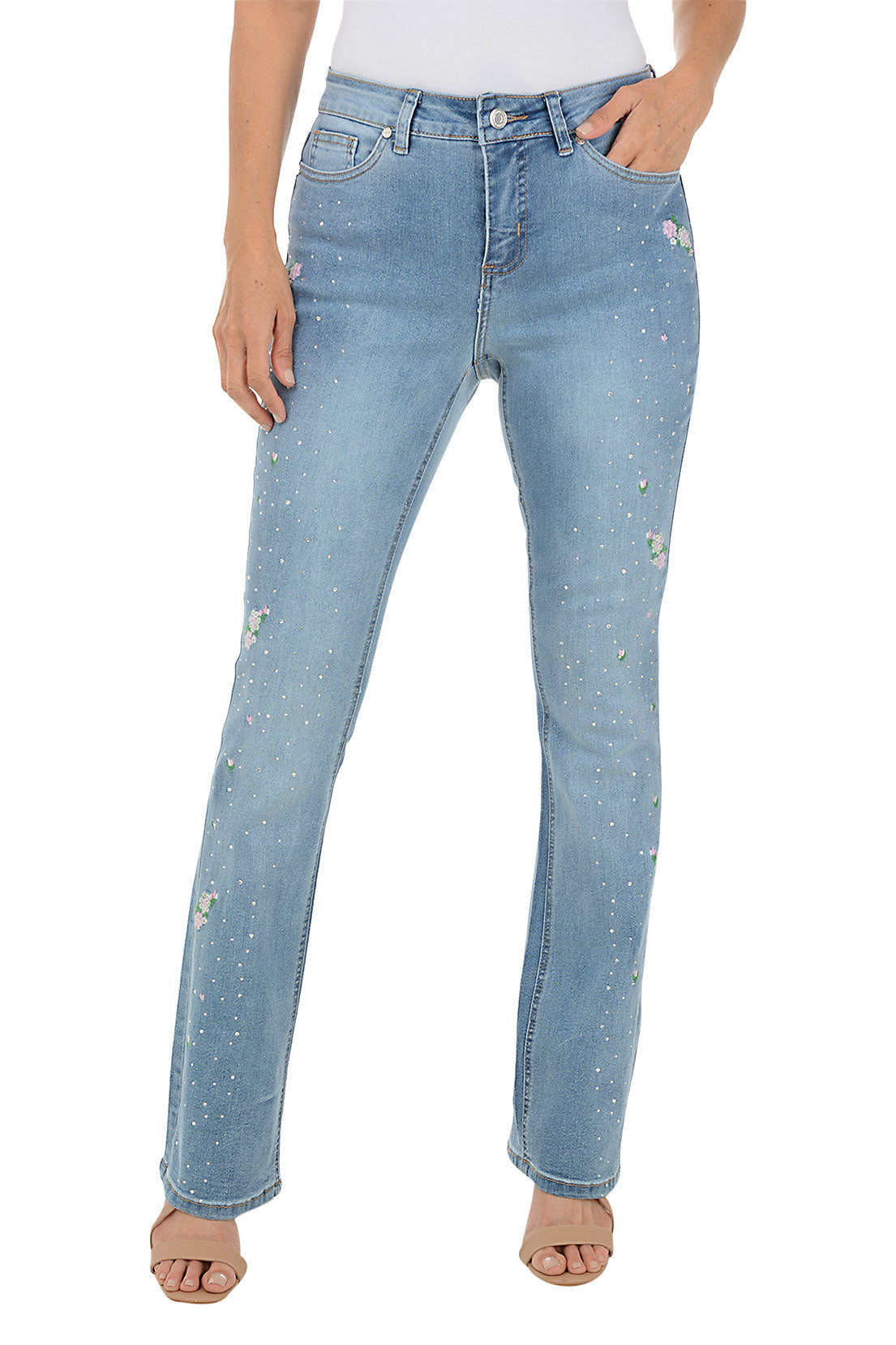 Stylish Flowerbuds Denim Bootcut Pants for Women - High Waisted Stretch Jeans with Flared Leg | Perfect for Casual Outfits, Date Nights & Office Wear