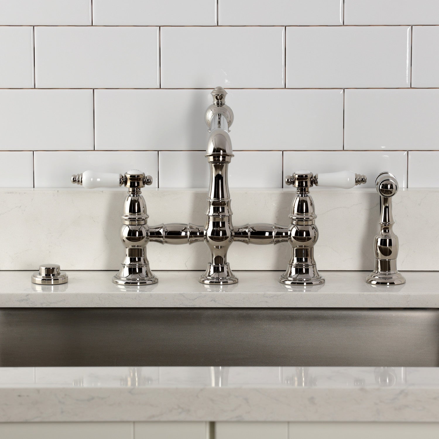 Bel Air KS7276BPLBS Two Handle 4 Hole Deck Mount Bridge Kitchen Faucet with Brass Side Sprayer, Polished Nickel - Perfect for Modern Farmhouse & Industrial Style Kitchens