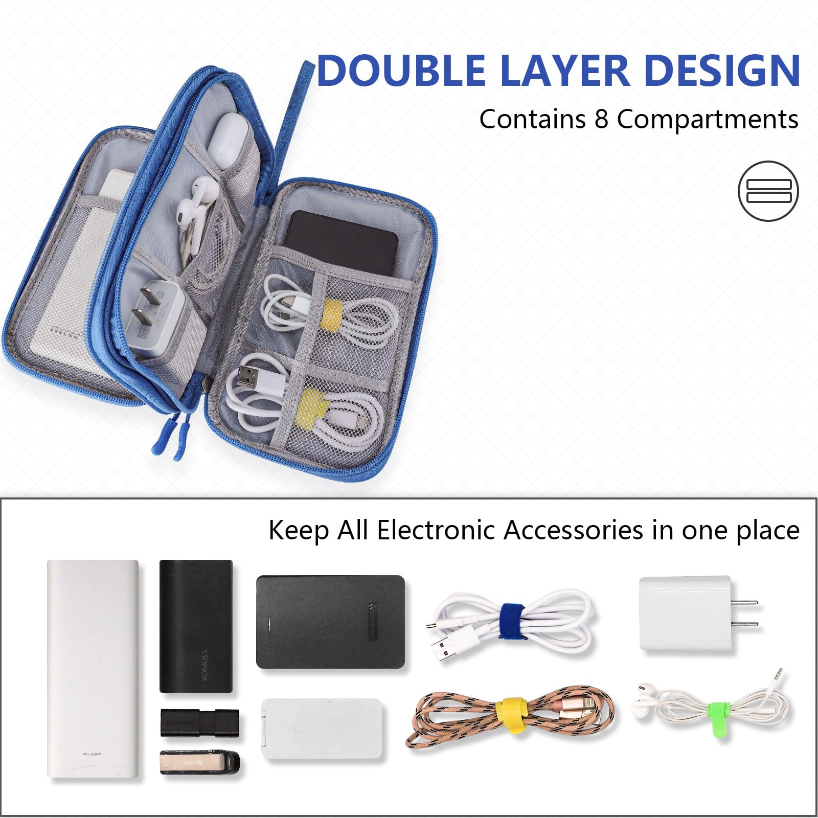 Teskyer Waterproof Travel Organizer Bag for Electronics & Cables - 8.5 x 5 Inch Sky Blue Travel Accessories | Perfect for Men & Women | Ideal for Business Trips, Vacations & Daily Commute