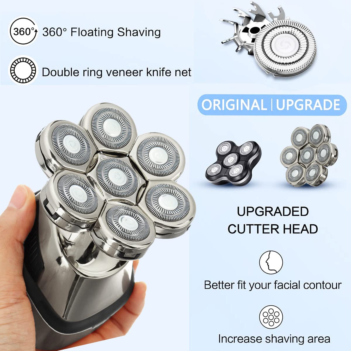 7D Floating Head Shavers for Bald Men - 5-in-1 Wet & Dry Electric Shaver, Beard Trimmer & Rechargeable Razor with LCD Display (Silver) - Perfect for Home, Travel & Gym Use