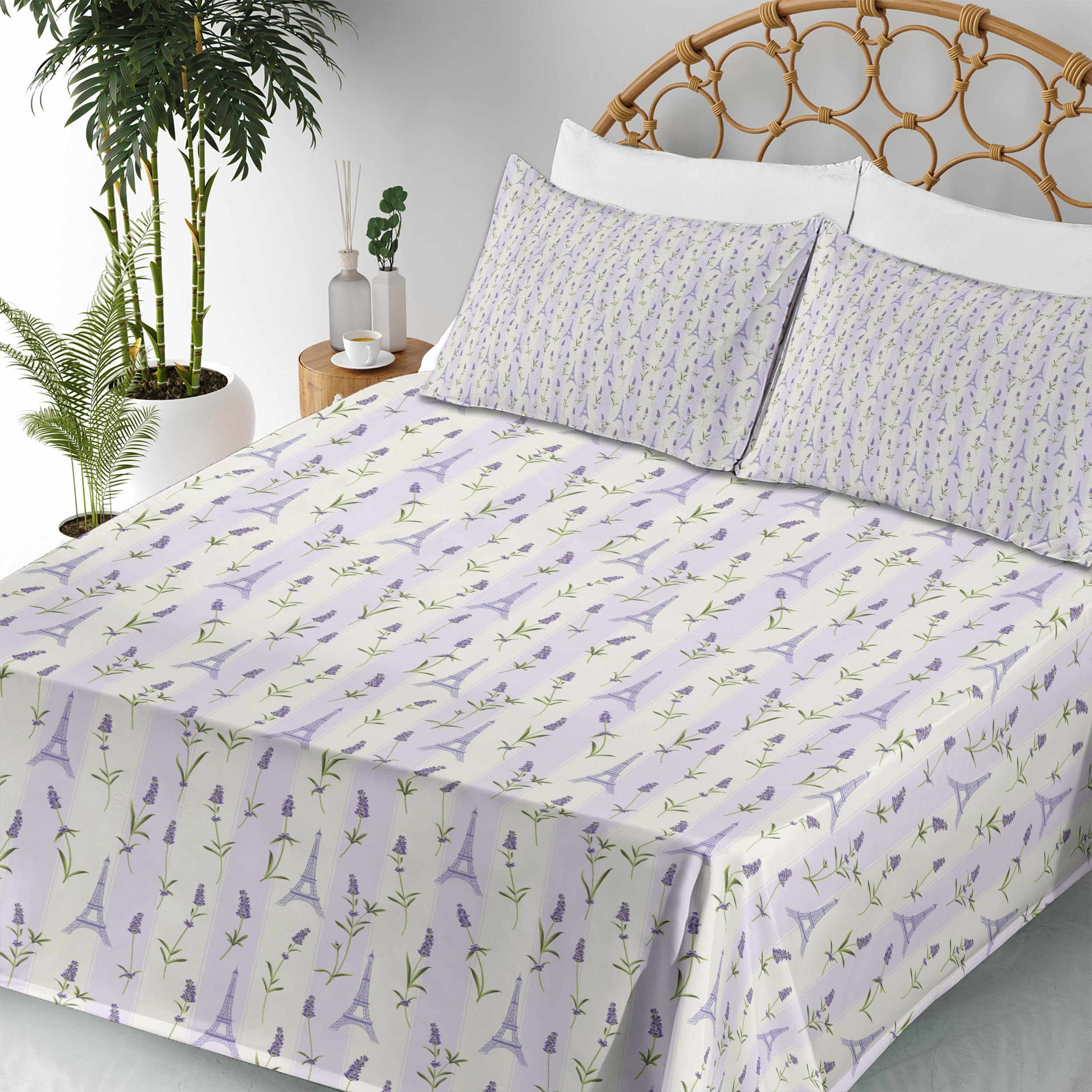 Ambesonne Paris Floral Bed Sheet Set - Lavender Flowers on Soft Stripes 4-Piece King Size, Pale Green & Lavender | Luxury Bedroom Decor for Master Bedroom, Guest Room & Vacation Homes