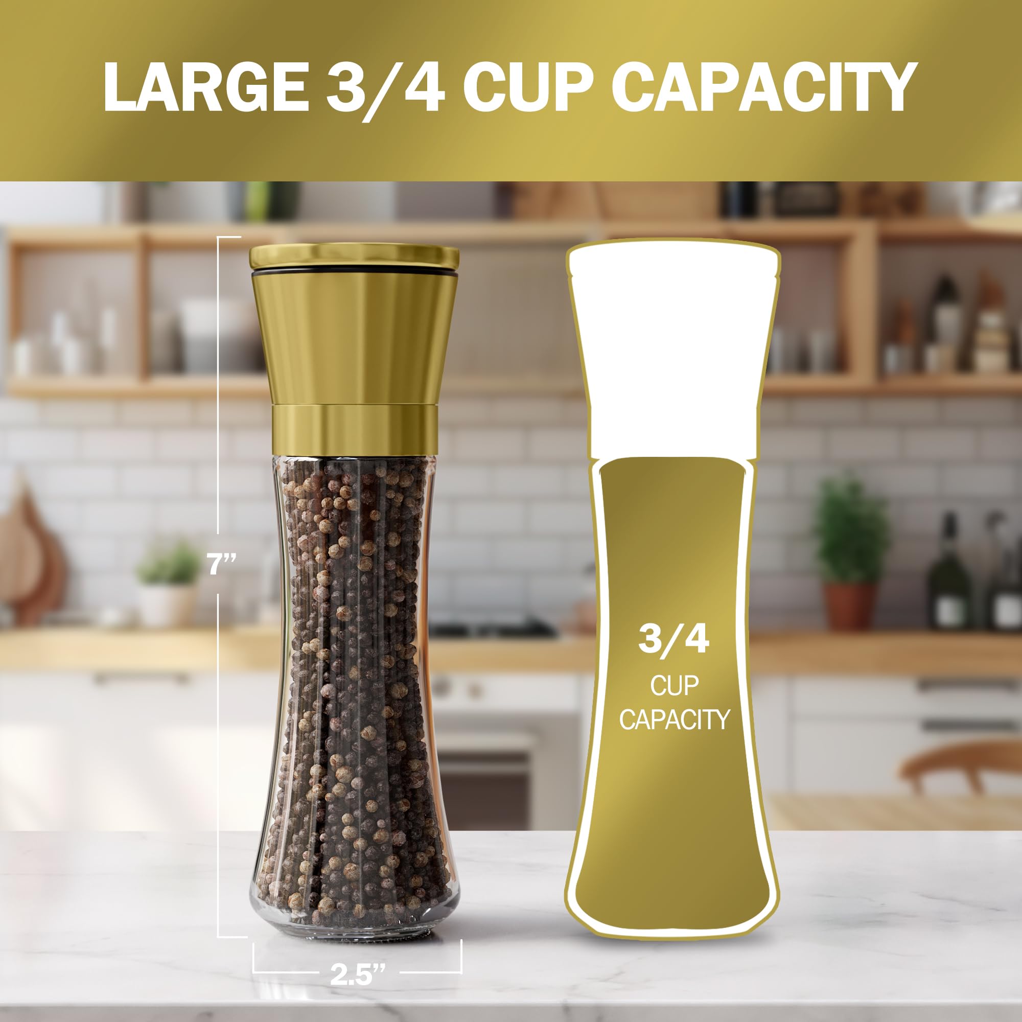 Premium Gold Salt and Pepper Grinder Set - 2 Pack Adjustable Ceramic Spice Mill with Glass Containers, Funnel & Free Ebook - Elegant Kitchen Accessories for Cooking, Dining & Gift Giving