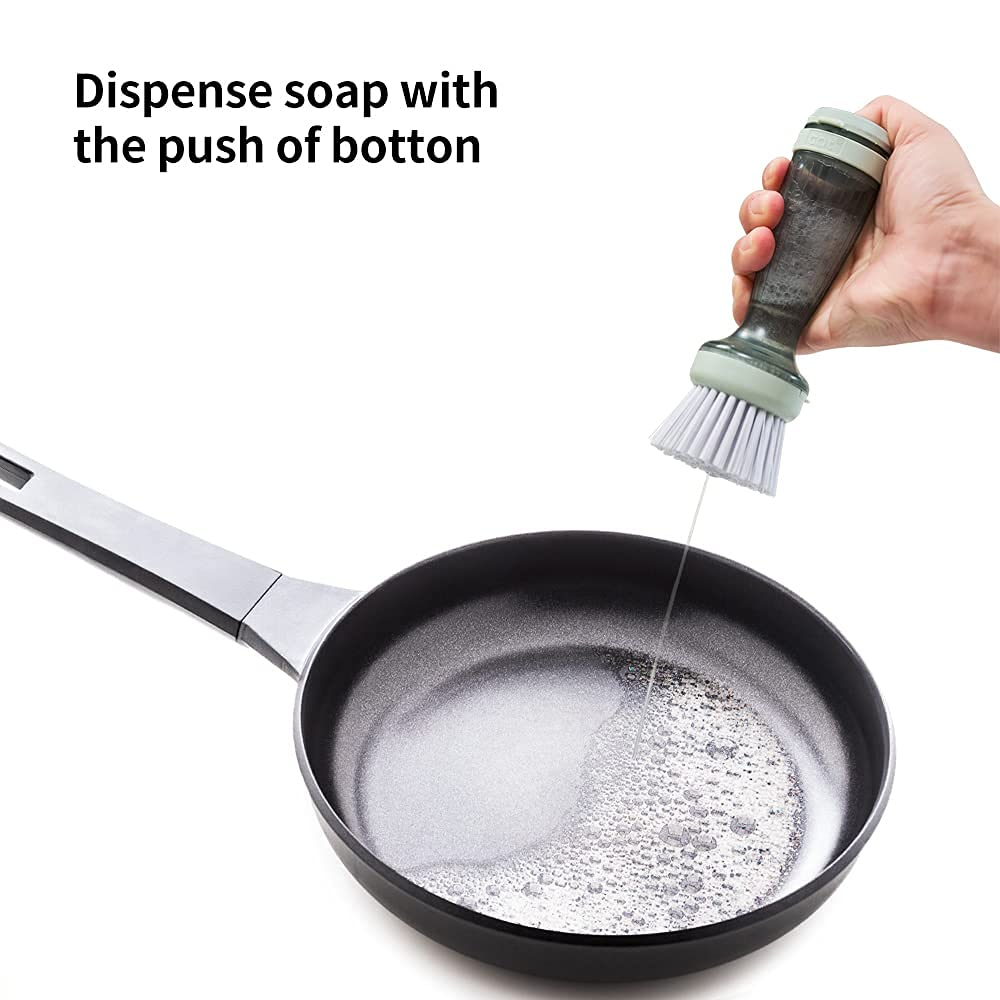 Eco-Friendly CQT Dish Brush with Built-in Soap Dispenser - Kitchen Sink Scrubber for Pots, Pans & Dishes Cleaning (Includes 1 Brush & 2 Refills) - Perfect for Daily Dishwashing & Tough Grease Removal