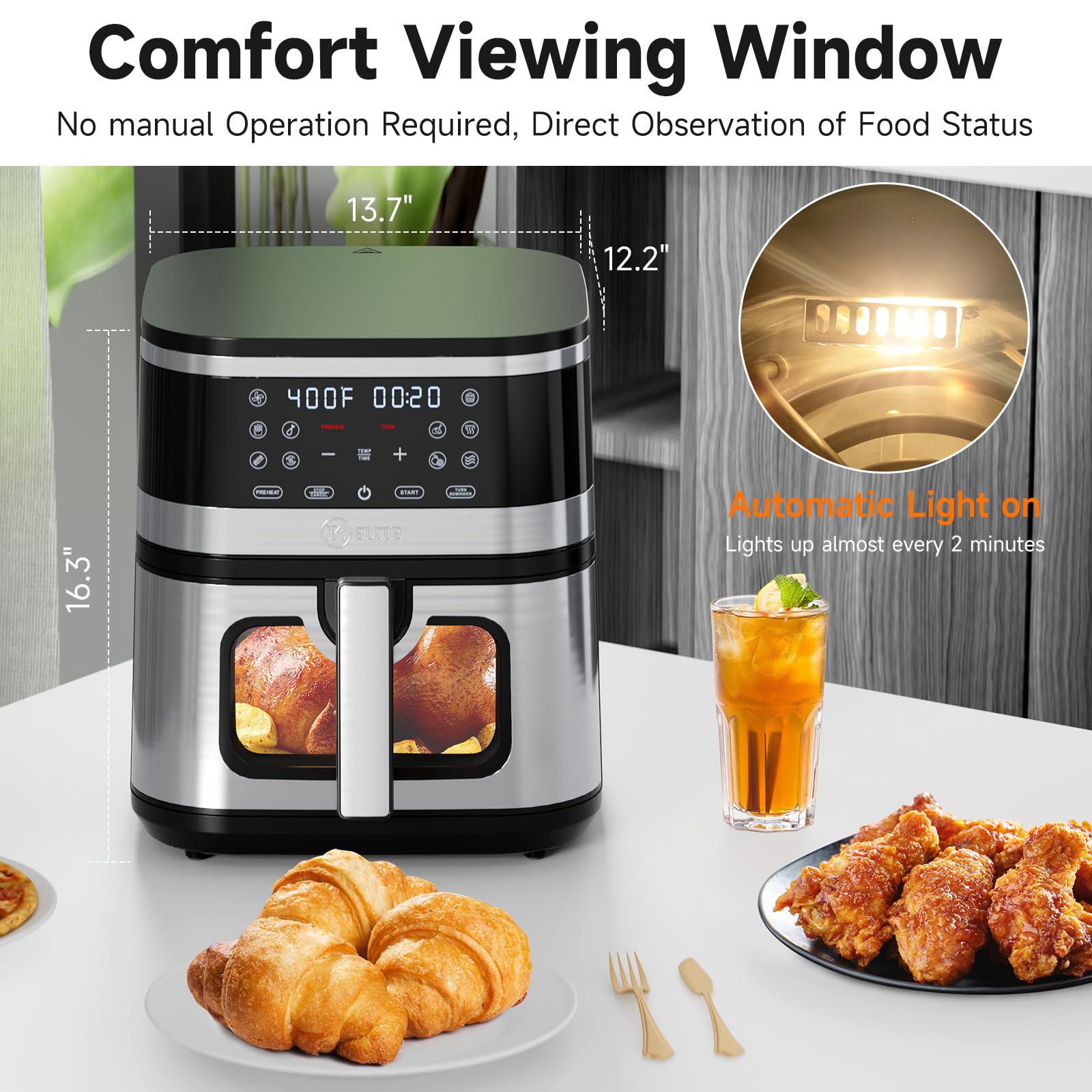 Kitchen Elite® 8.5QT XL Stainless Steel Air Fryer Oven with View Window - 10 One-Touch Functions, Precise Temperature Control, 90% Less Oil, 1700W Rapid Heating for Roasting, Baking & Dehydrating - Perfect for Healthy Cooking, Meal Prep & Family Dinners
