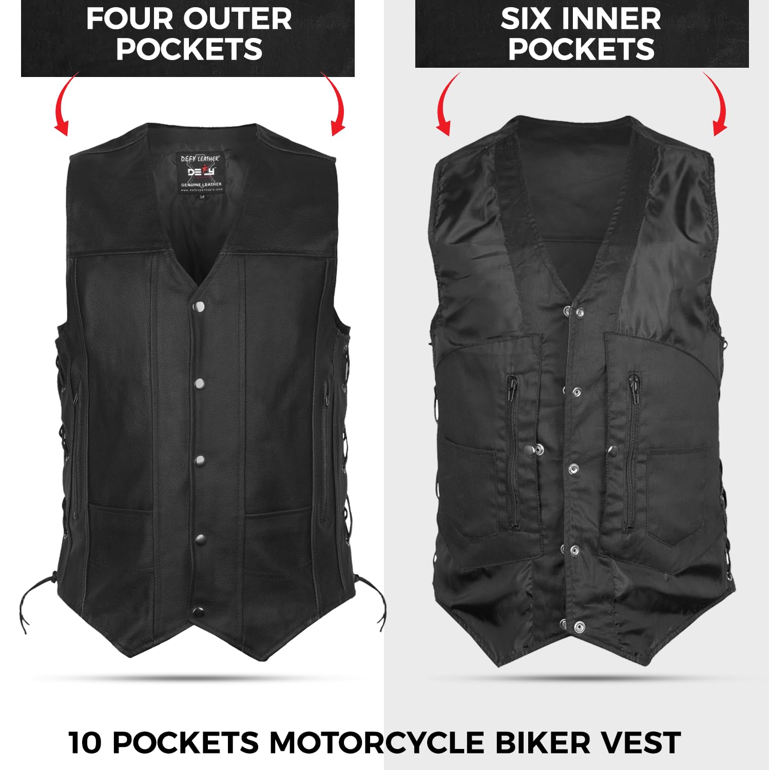 DEFY Genuine Leather Motorcycle Vest for Men & Women - 10 Pockets, Concealed Carry Gun Pockets, Solid Back for Patches - Size 5XL (58