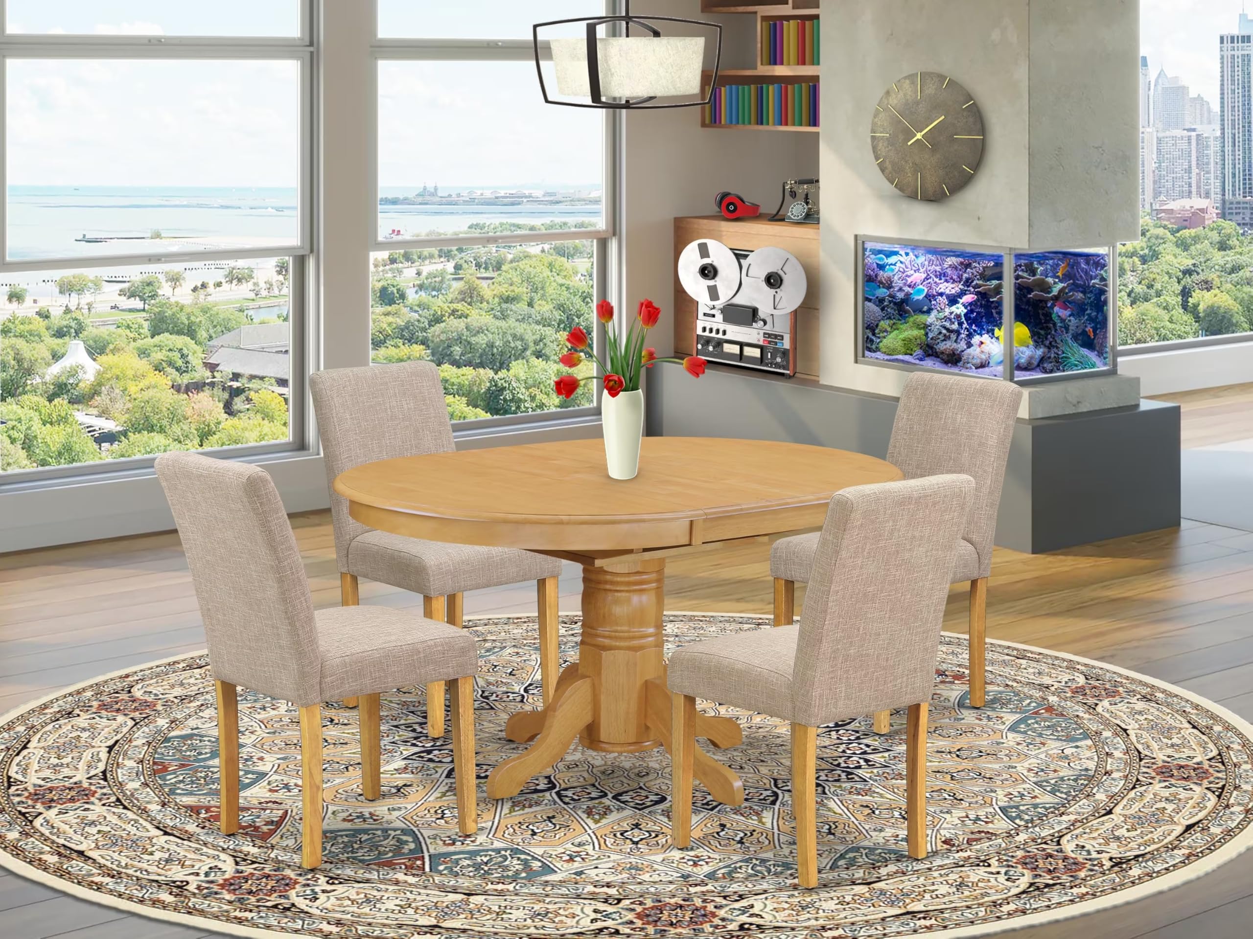 East West Furniture AVAB5-OAK-04 5-Piece Oak Dining Room Table Set with Butterfly Leaf & 4 Linen Fabric Chairs - 42x60 Inch Oval Kitchen Table for Family Gatherings & Dinner Parties