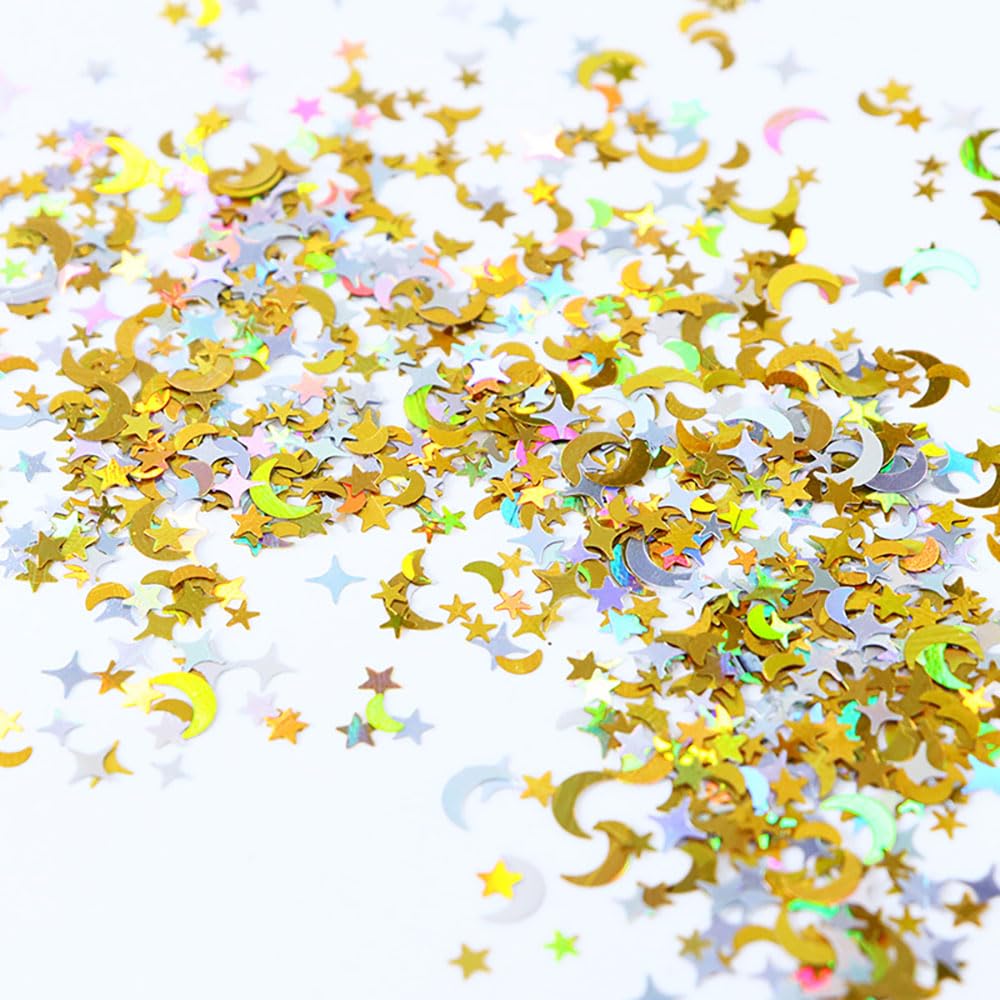 Dornail 6 Grids Nail Art Glitter Sequins Kit - Gold Silver Star Moon & 4-Pointed Stars 3D Nail Decorations for DIY Manicure | Shining Glitter Flakes for Nail Art, Party, Wedding & Salon Use