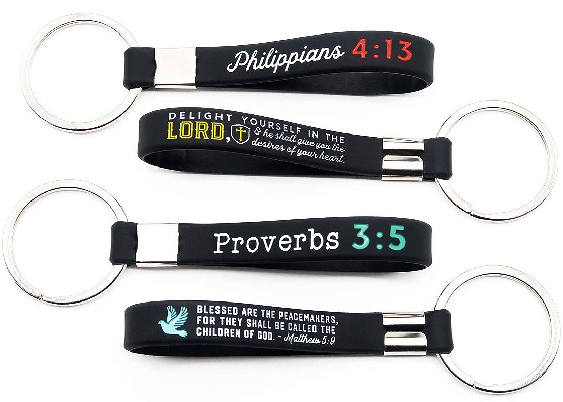 Religious Keychains with Bible Verses (Philippians 4:13, Psalm 37:4, Proverbs 3:5, Matthew 5:9) - Christian Scripture Gifts for Men & Women - Inspirational Faith Accessories for Daily Encouragement, Church Events & Spiritual Gifting