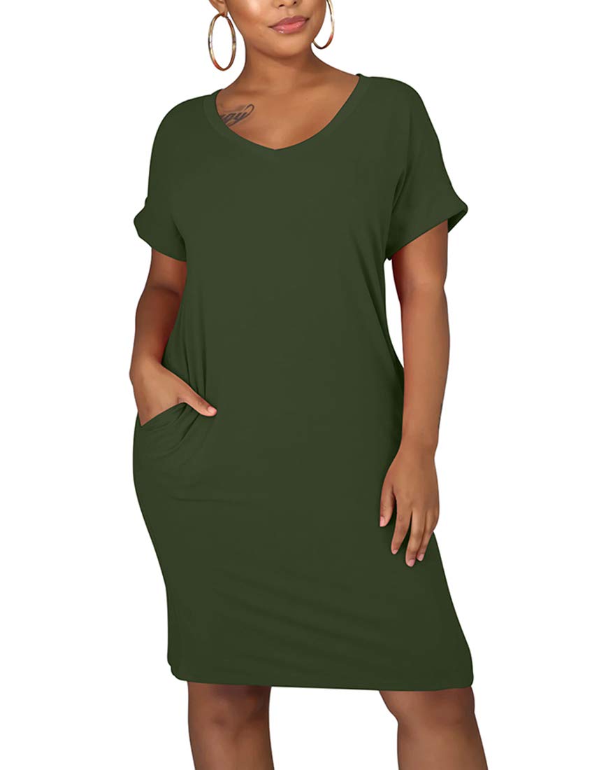 Cailami Women's Summer V-Neck Short Sleeve Midi T-Shirt Dress - Casual Tunic Dress with Pockets for Beach, Vacation & Everyday Wear
