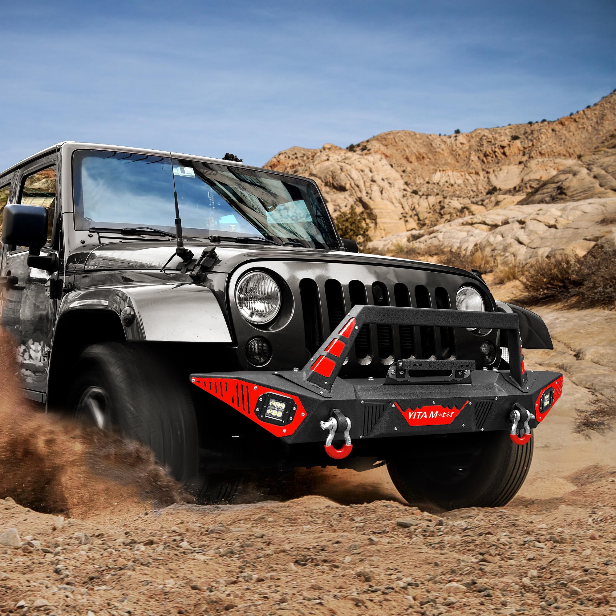 YITAMOTOR Heavy Duty Front Bumper for 2007-2018 Jeep Wrangler JK & JKU Unlimited - Rock Crawler Off-Road Bumper with Winch Plate, LED Lights, D-Rings & License Plate Bracket | Perfect for Off-Roading, Rock Crawling & Jeep Modifications