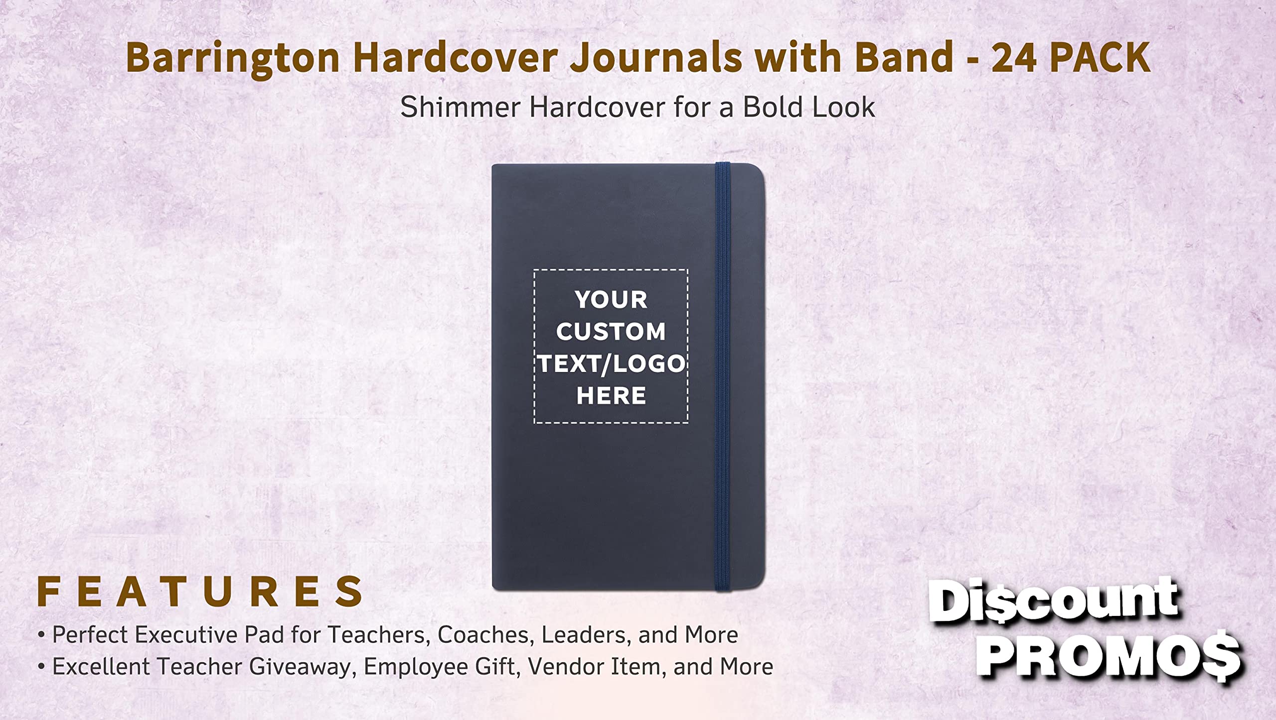 24-Pack Barrington Hardcover Journals with Elastic Band - Customizable Text & Logo, 80 Pages, Shimmer Cover, Ribbon Bookmark - Blue | Perfect for Office Gifts, Corporate Events & School Supplies