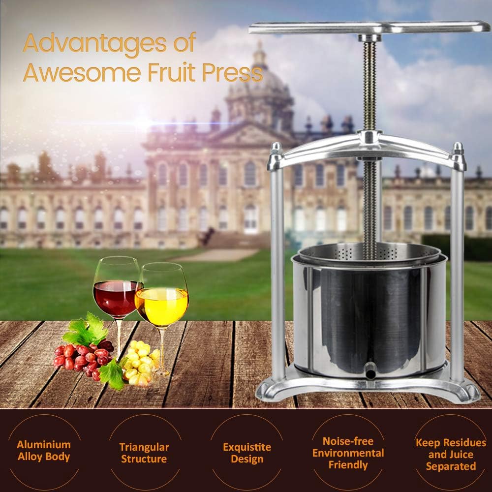 Stainless Steel Fruit Wine Press - 0.8 Gallon for Apple, Carrot, Orange, Berry & Vegetable Juice Making | 100% Natural Juice Extractor for Cheese, Tincture & Herbal Pressing | Perfect for Home Brewing, Winemaking & Healthy Juicing (Silver)