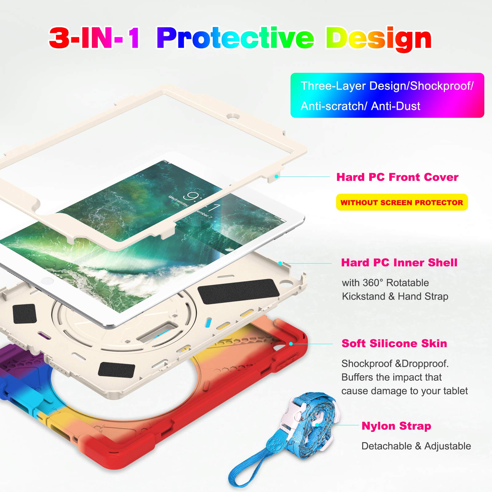 BRAECN Heavy Duty Rugged Kids Case for iPad 9.7 Inch (6th/5th Generation) - Shockproof Protective Cover with Hand Strap, Kickstand, Pencil Holder & Shoulder Strap - Compatible with iPad A1893/A1954/A1822/A1823 (Rainbow) - Perfect for School, Travel & Outdoor Activities