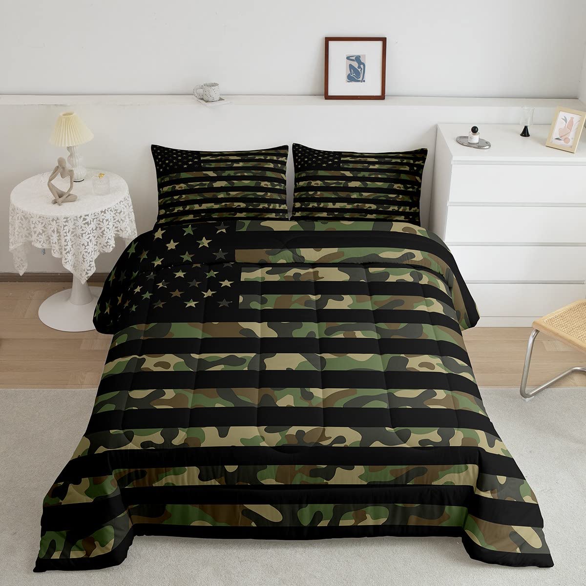 Feelyou Army Camouflage Comforter Set - 3Pcs Queen Size Military Bedding with USA Flag Design, All-Season Down Alternative Comforter for Home Decor | Perfect for Veterans Day, Independence Day & Military Themed Bedrooms