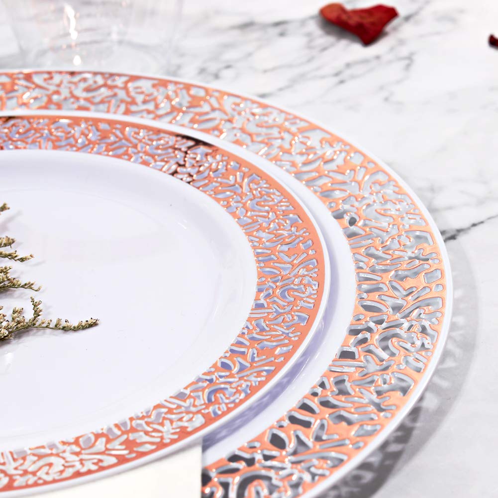 350-Piece Rose Gold Plastic Dinnerware Set with Disposable Silverware & Napkins - Elegant Lace Design Plates for Weddings, Parties, and Special Events - Perfect for Bridal Showers, Birthday Celebrations, and Outdoor Gatherings