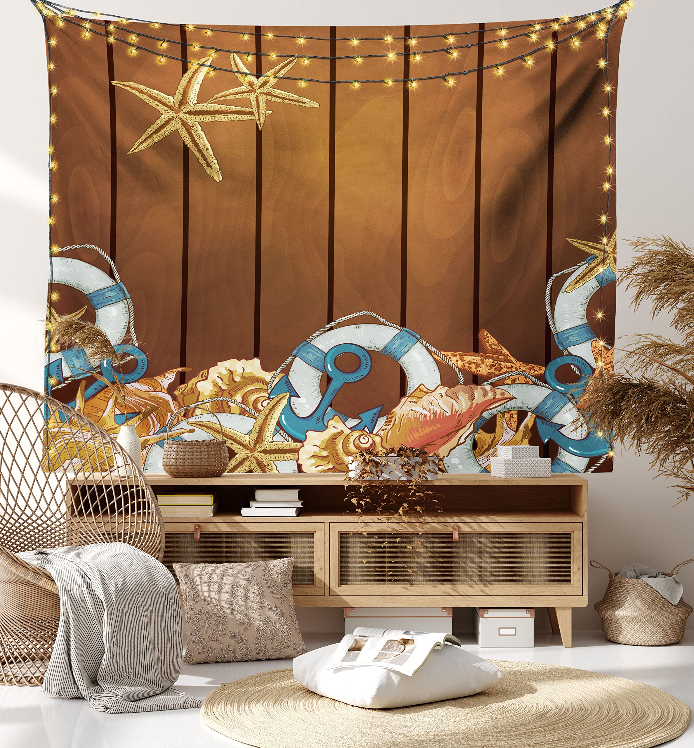 Ambesonne Seashells Tapestry Queen Size - Nautical Wall Hanging with Anchors & Starfish on Wooden Backdrop, Blue White Brown Sea Theme Bedspread - Perfect for Beach House Decor, Bedroom Wall Art, or Coastal Living Room Design