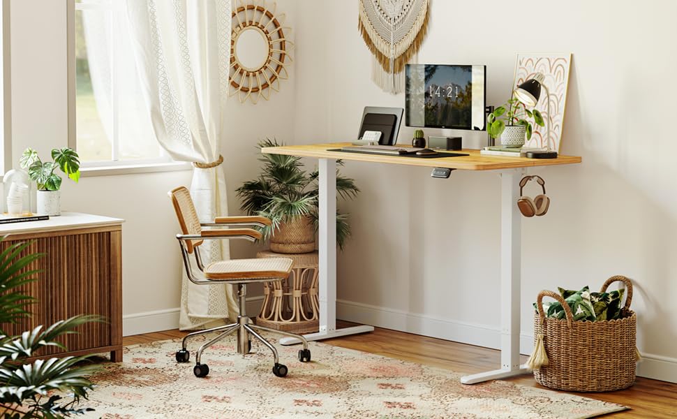CubiCubi 48 x 24 Inch Electric Height Adjustable Standing Desk - White Frame & Light Rustic Brown Desktop with Splice Board - Ergonomic Sit Stand Workstation for Home Office, Gaming & Study