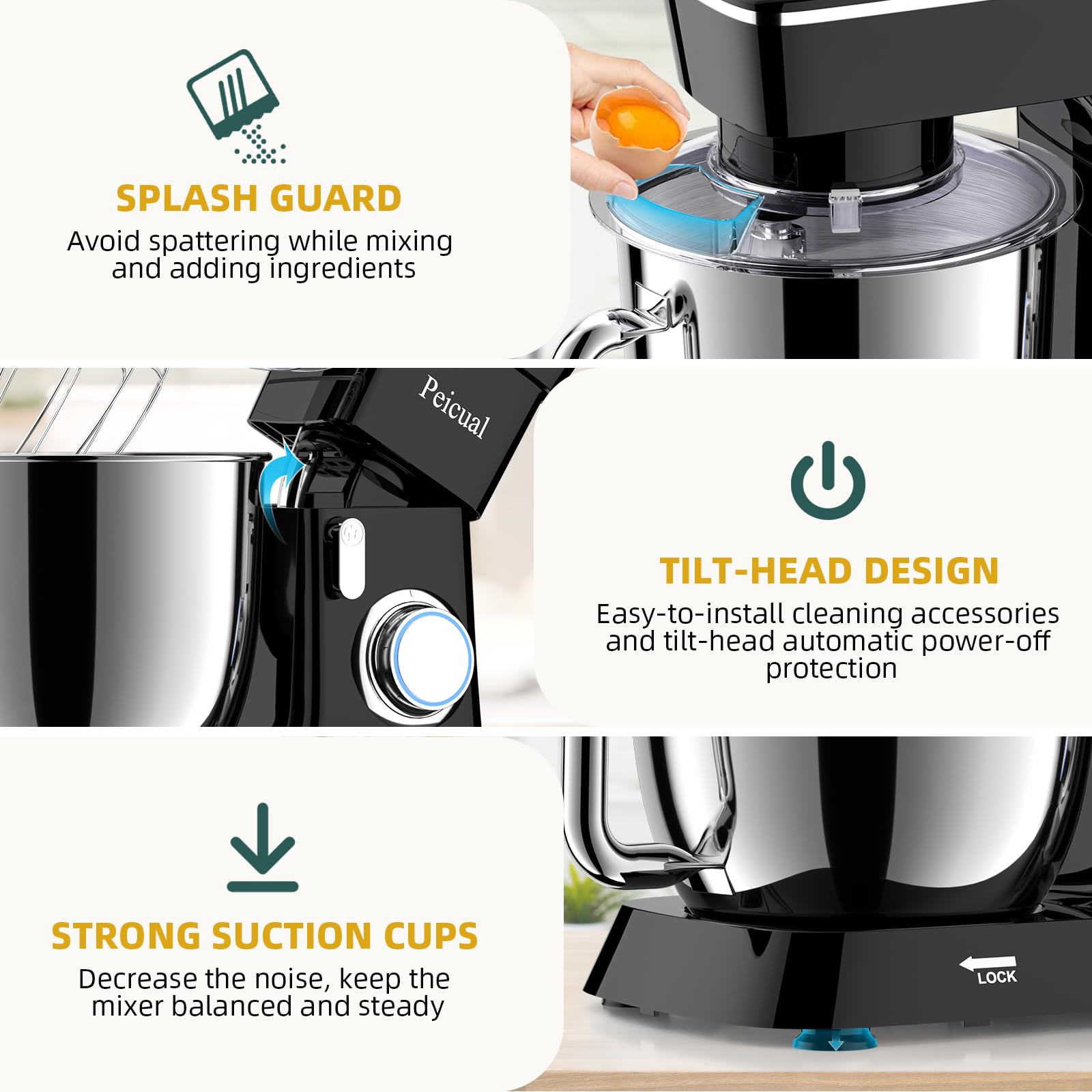 6QT Stand Mixer, 10-Speed Tilt-Head Electric Kitchen Mixer with Stainless Steel Bowl, Dough Hook, Flat Beater & Wire Whisk - Perfect for Baking, Whipping Cream & Kneading Dough - Black