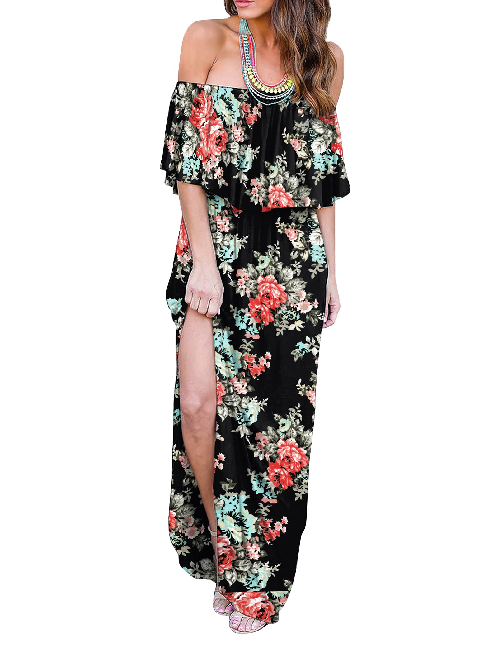 Women's Off-The-Shoulder Ruffle Party Dress with Side Slit - Flowy Beach Maxi Dress for Summer Weddings, Vacations & Night Out