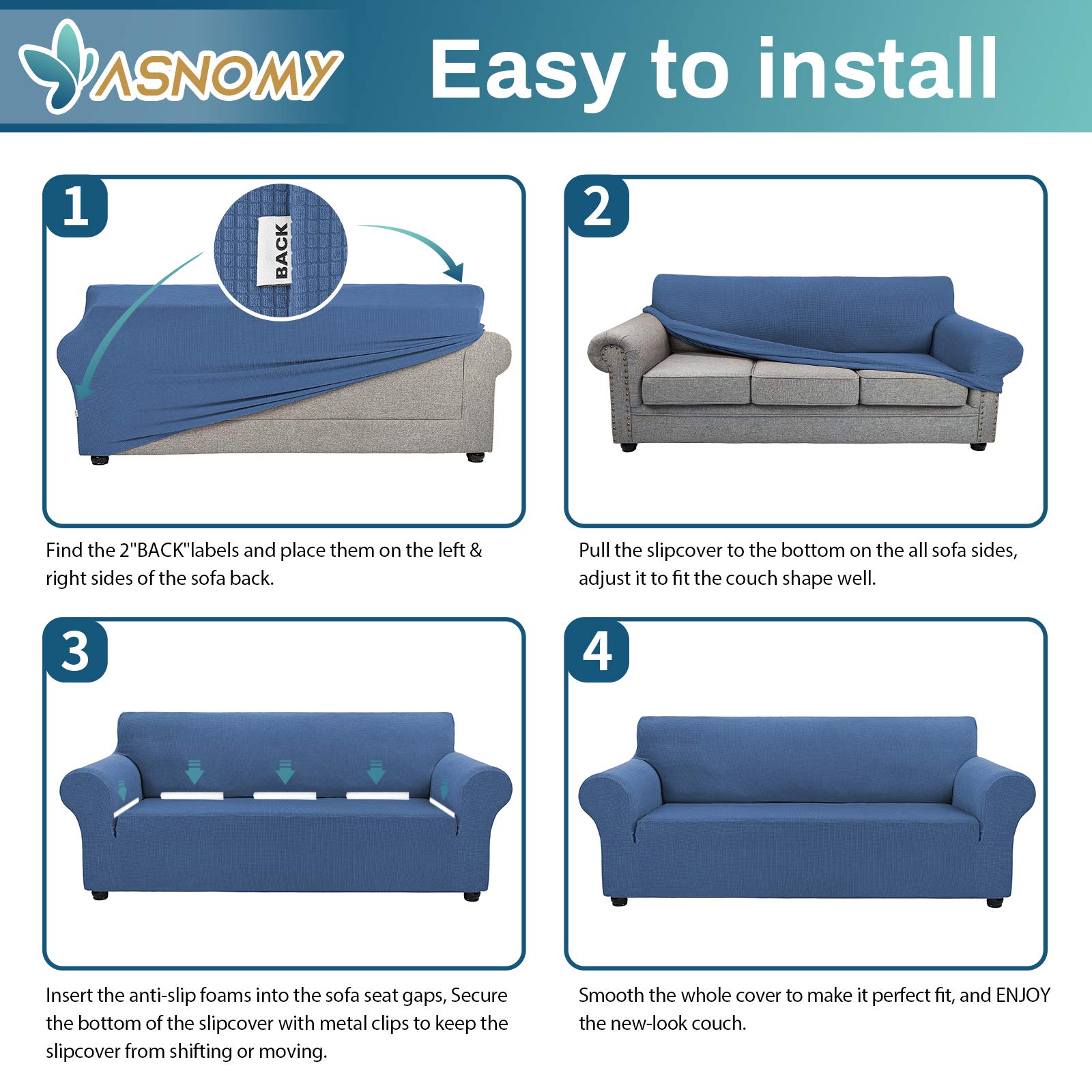 Stretch Sofa Slipcover for 3-Cushion Couch - Pet Proof Furniture Protector - Spandex Jacquard Fabric with Small Checks - X-Large Size in River Blue - Perfect for Living Room, Family Room & Pet-Friendly Homes