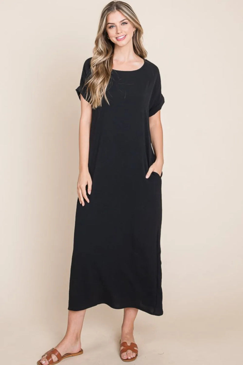 BOMBOM Women's Summer Round Neck Short Sleeve Midi Dress with Pockets - Casual Flowy Dress for Beach, Vacation & Everyday Wear