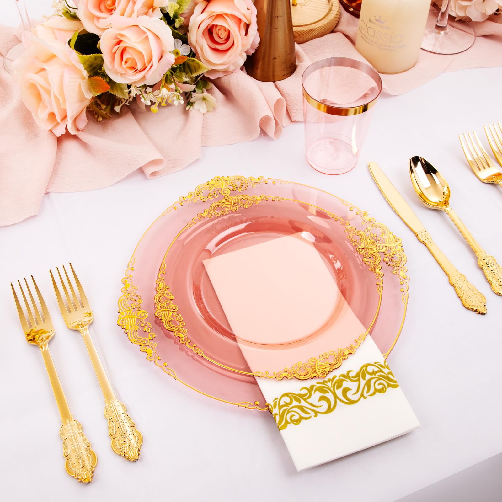Hioasis 175-Piece Clear Burgundy Plastic Disposable Tableware Set - Includes 25 Dinner Plates, 25 Dessert Plates, 25 Knives, 25 Forks, 25 Spoons, 25 Cups & 25 Napkins - Perfect for Weddings, Parties, BBQs & Outdoor Events