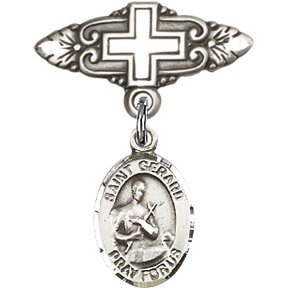 St. Gerard Sterling Silver Baby Badge with Cross Charm & Pin - 1 X 3/4 Inch - Perfect for Christening Gifts, Baby Blessings & Religious Keepsakes