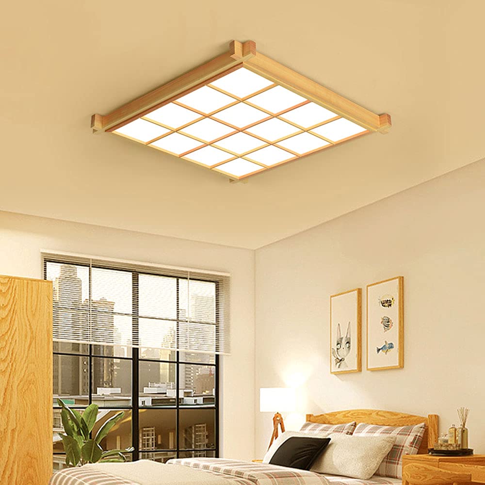 Japanese Style Solid Wood Square LED Flush Mount Ceiling Light - 6000K White Light with Acrylic Shade - Modern Minimalist Close-to-Ceiling Fixture for Living Room, Bedroom & Dining Room Lighting